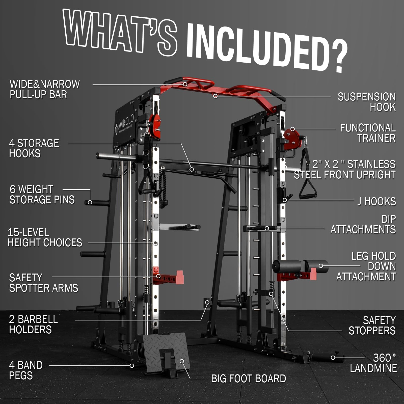 Mikolo Smith Machine - 2200lbs Capacity Squat Rack with LAT Pull-Down & Cable Crossover System, Home Gym Equipment with Leg Hold-Down Attachment for Strength Training | Perfect for Garage & Home Workouts