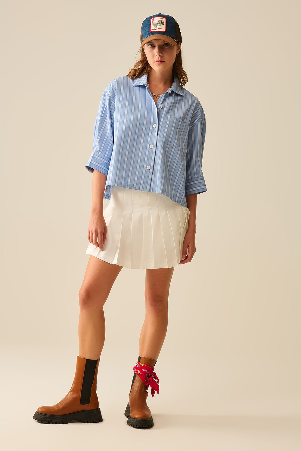 Oversized Cropped Striped Shirt Women's Blue & White Casual Summer Top - Perfect for Beach Outings, Street Style & Layered Looks