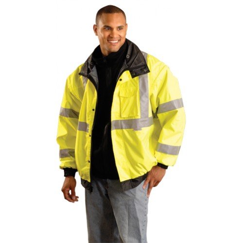 OccuNomix X-Large Hi-Viz Yellow Class 3 Safety Jacket with 3M Reflective Tape - Waterproof Polyester Bomber Jacket with Removable Hood & Sleeves, 4 Pockets - Ideal for Construction Workers, Road Crews & Outdoor Safety Professionals