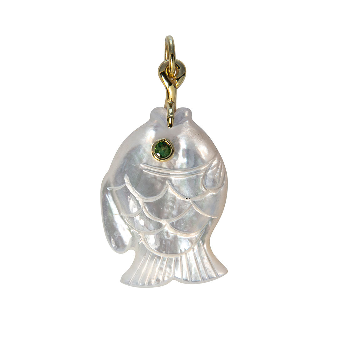 14K Gold Fish Pendant with Mother of Pearl & Tsavorite Gemstones - Elegant Jewelry Gift for Women, Perfect for Birthdays, Anniversaries & Special Occasions