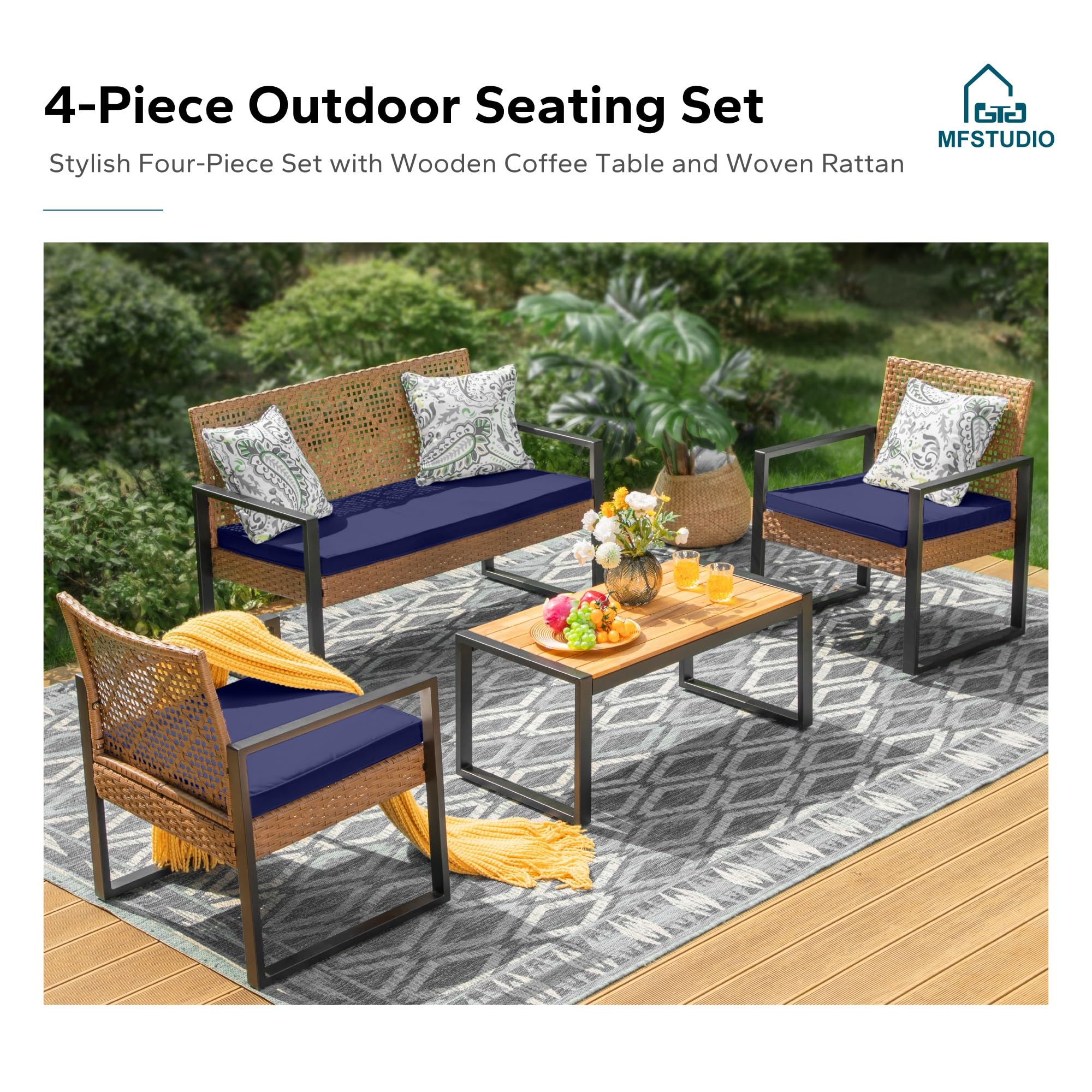 MFSTUDIO 4-Piece Rattan Patio Furniture Set - Brown Wicker Outdoor Conversation Set with Wood Table, Sofa & 2 Blue Chairs - Perfect for Garden, Backyard, Porch or Poolside Relaxation