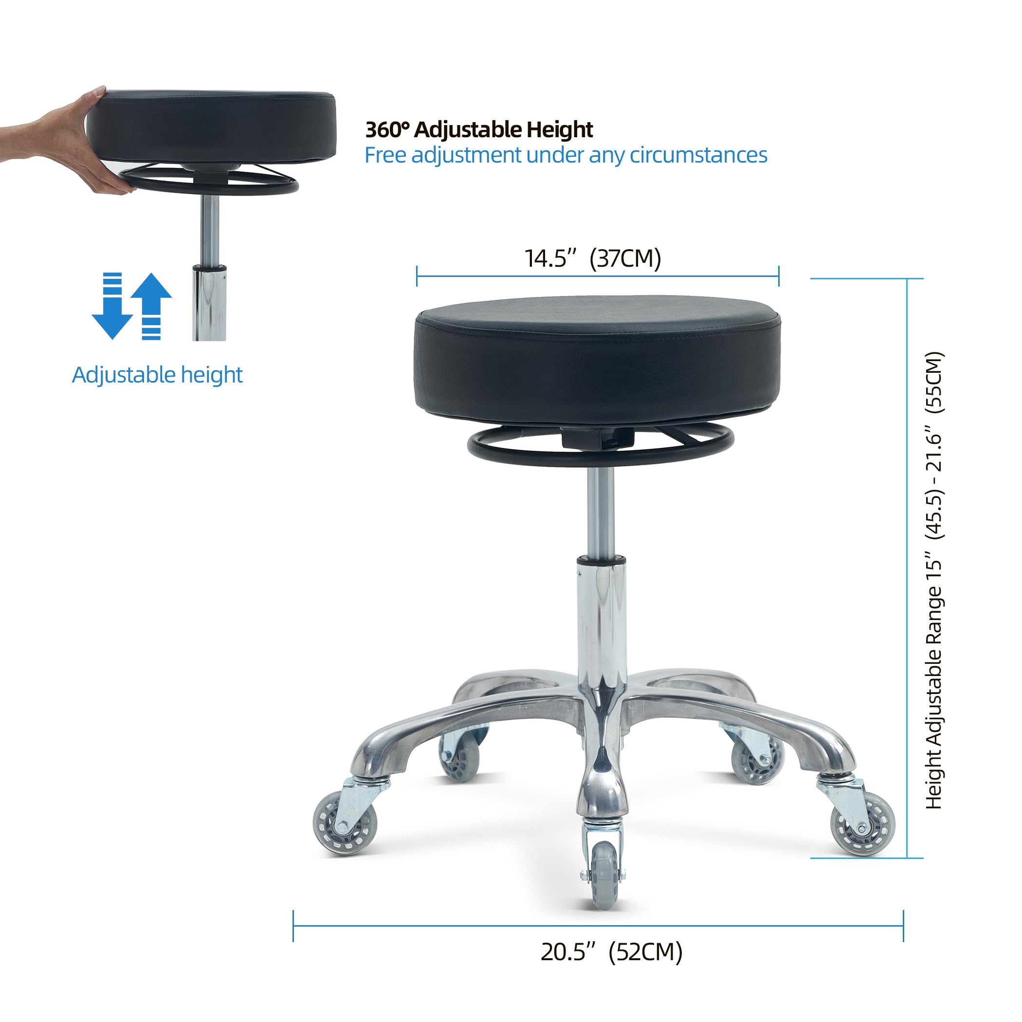 360° Swivel Rolling Stool Chair for Tattoo, Lab, Massage, Nail Salon & Pedicure Spa - Adjustable Height Ergonomic Stool with Wheels for Professionals & Home Use