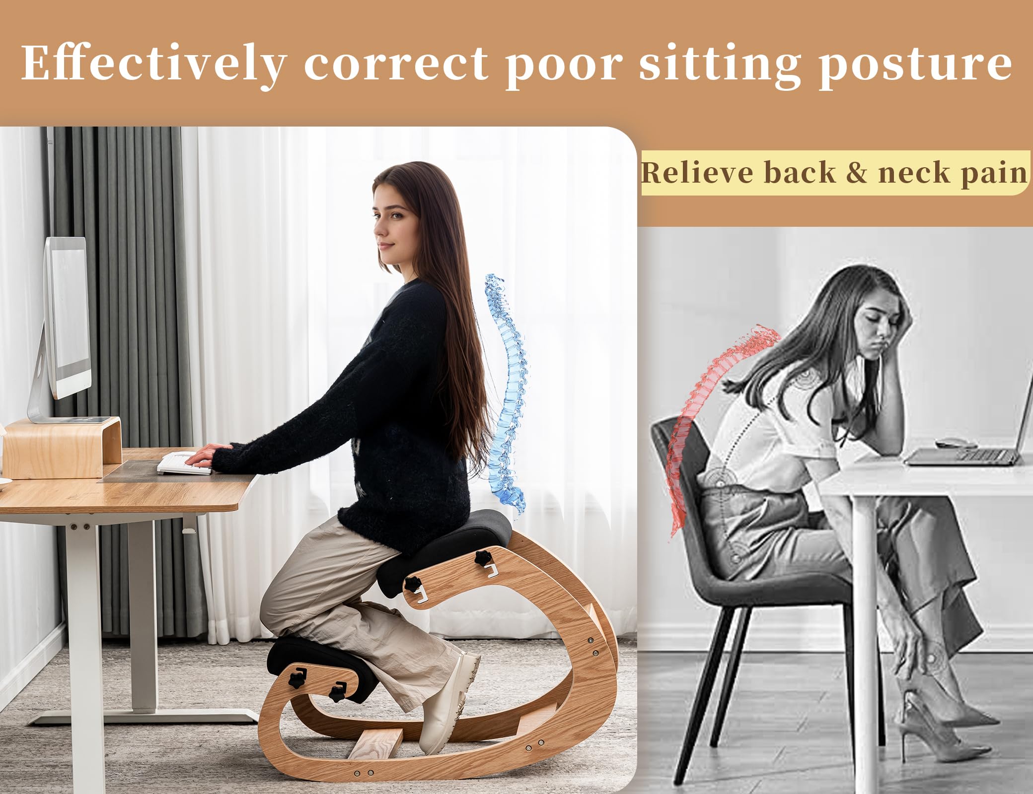 Ergonomic Adjustable Kneeling Chair for Office - Posture Correcting Fabric Seat for Back Pain Relief & Comfort - Ideal for Adults & Teenagers (Black) - Perfect for Home Office, Study & Meditation