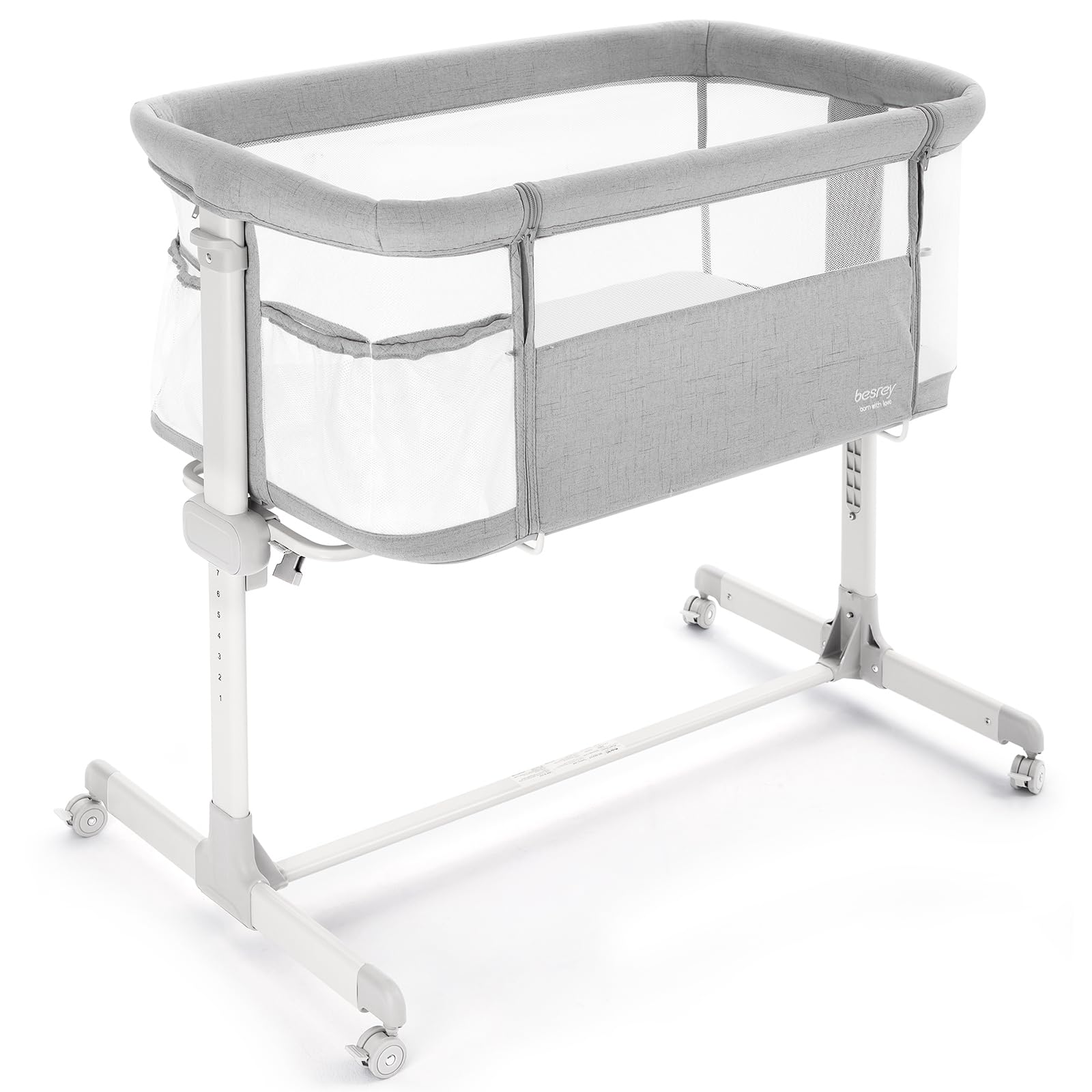 Besrey Baby Bassinet Bedside Sleeper – Breathable Mesh Crib for Newborns with Comfort Mattress, 7-Level Height Adjustment & 360° Swivel Wheels – Portable Infant Bed with Storage Pockets for Nursery, Bedroom, and Travel
