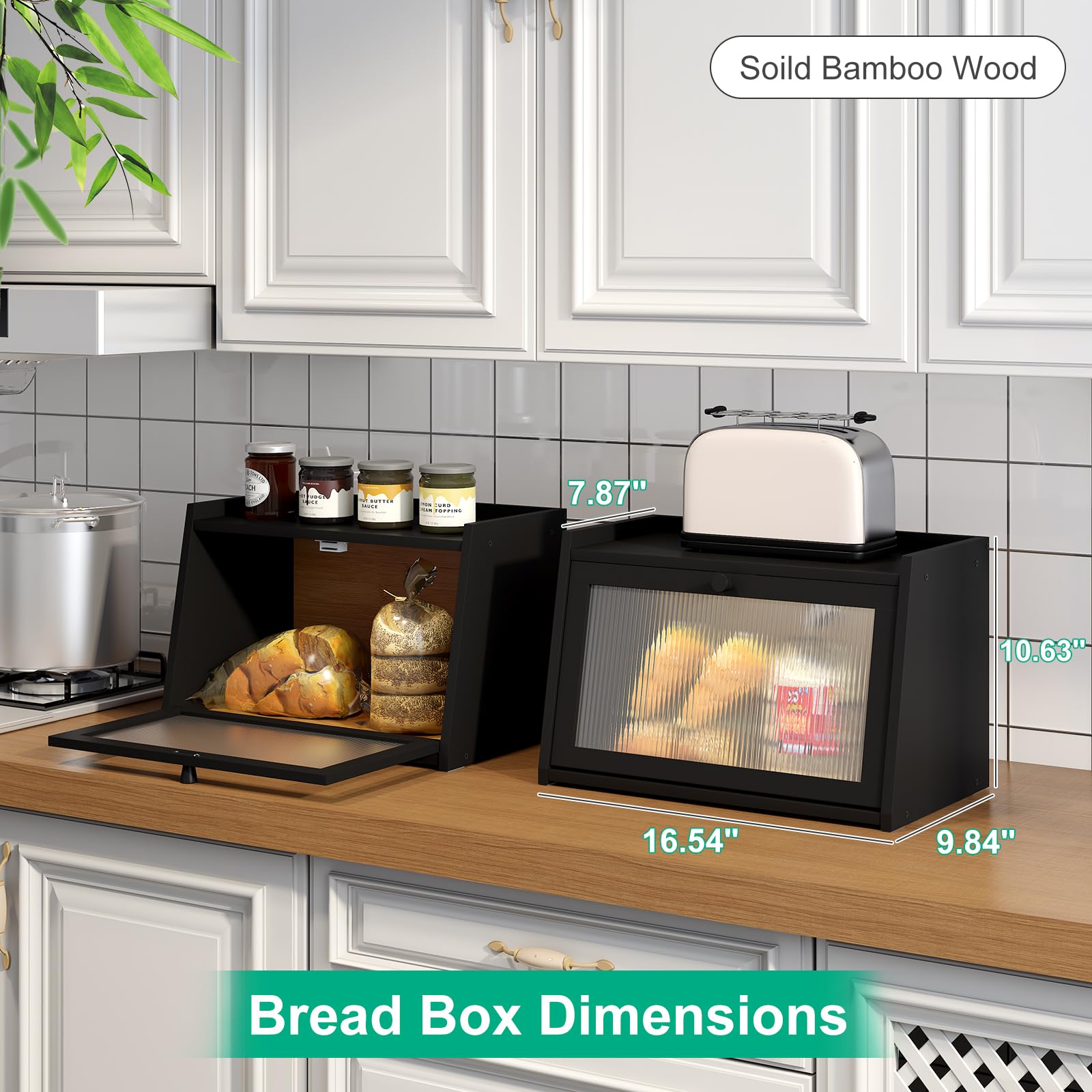 Large Bamboo Bread Box with Wavy Acrylic Transparent Door - Farmhouse Style Bread Storage Container for Kitchen Counter | Perfect for Storing Bread, Baguettes, Pastries & Keeping Them Fresh (Black)