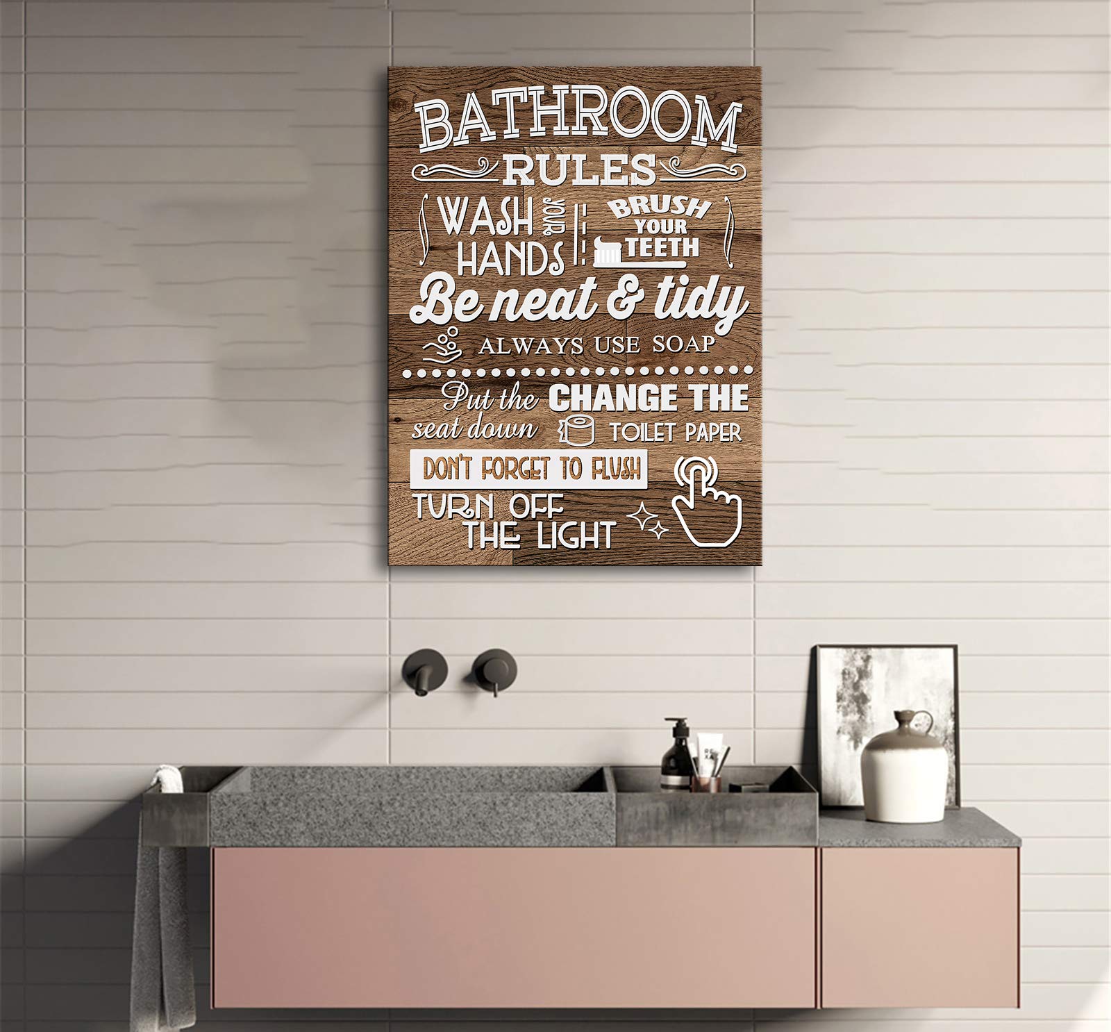Funny Bathroom Rules Canvas Wall Art - Wood Grain Farmhouse Toilet Sign Poster, Laundry & Restroom Decor, Framed Ready to Hang - Perfect Gift for Bathroom Wall Decor | Ideal for Home, Office & Farmhouse Style Spaces