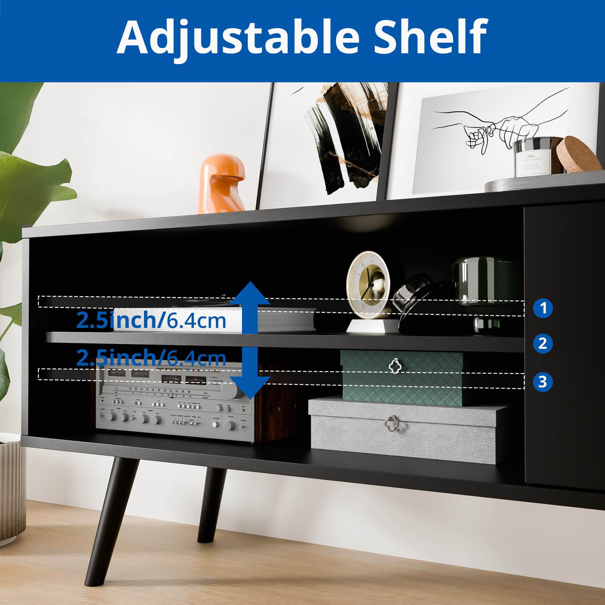 Mid Century Modern TV Stand for 48 Inch TV - Entertainment Center with Storage Cabinet, Media Console for Living Room & Bedroom - Black - Perfect for Small Spaces & Home Theater Setup