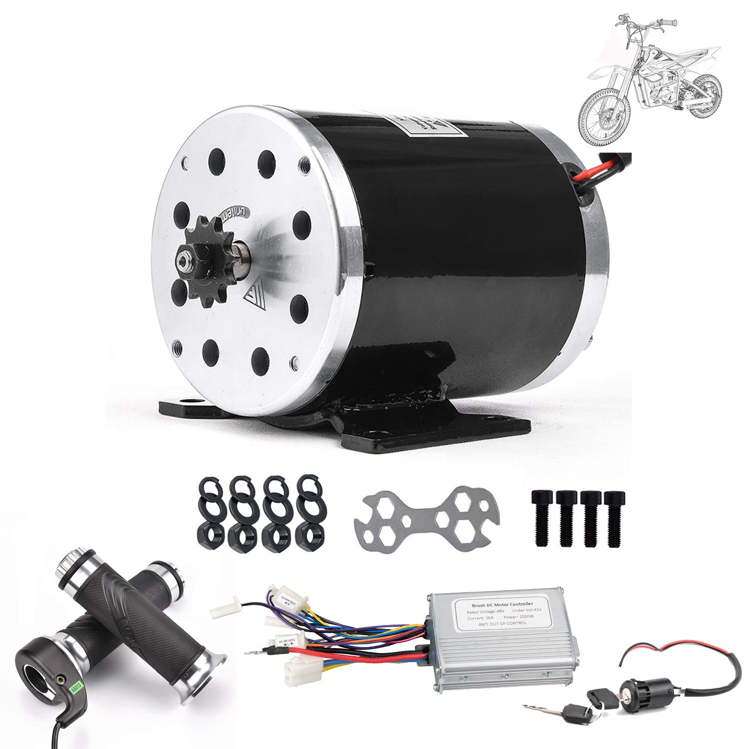 48V 1000W Brushed DC Motor Kit - High Speed Electric Motor with DC Brush Controller, Throttle & Ignition Lock for Dirt Bike, eBike, ATV, Go Kart, Moped - Perfect for Off-Road Adventures & DIY Electric Vehicle Projects