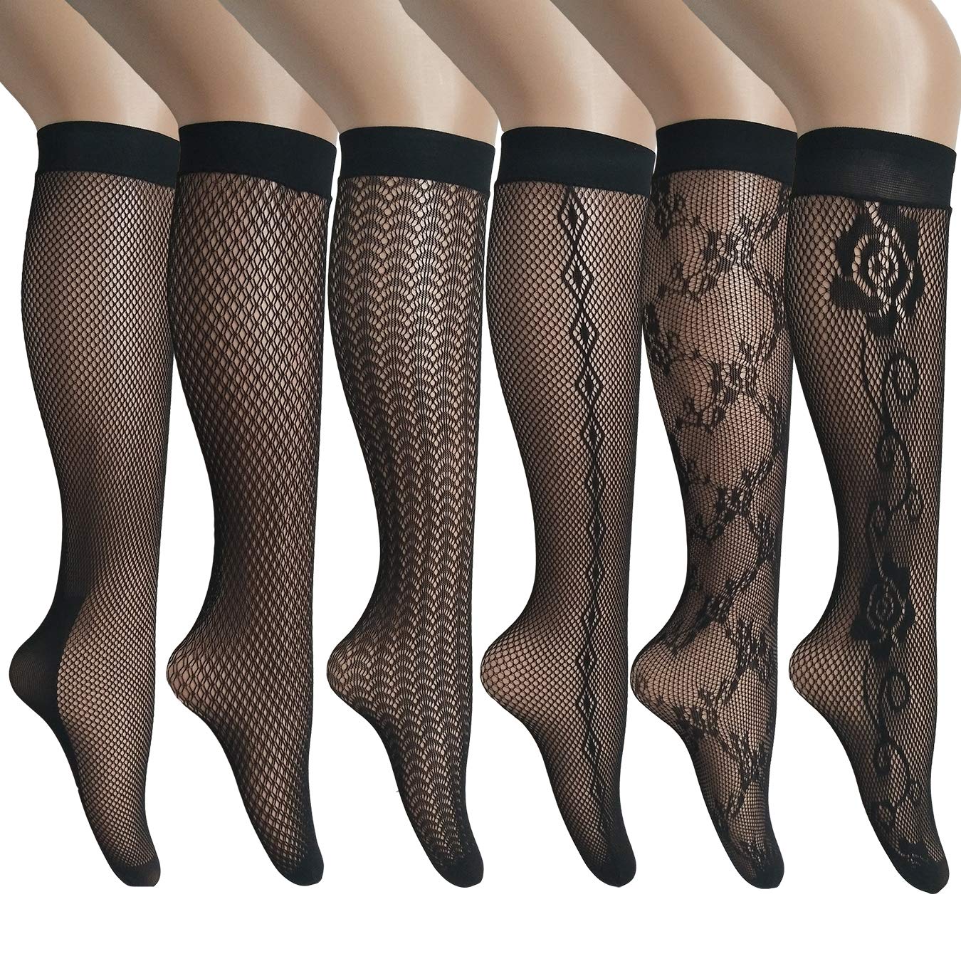 ANDIBEIQI 6 Pairs Women's Stay Up Knee High Patterned Trouser Socks - Fishnet Stockings Black One Size - Perfect for Office, Party & Fashion Outfits