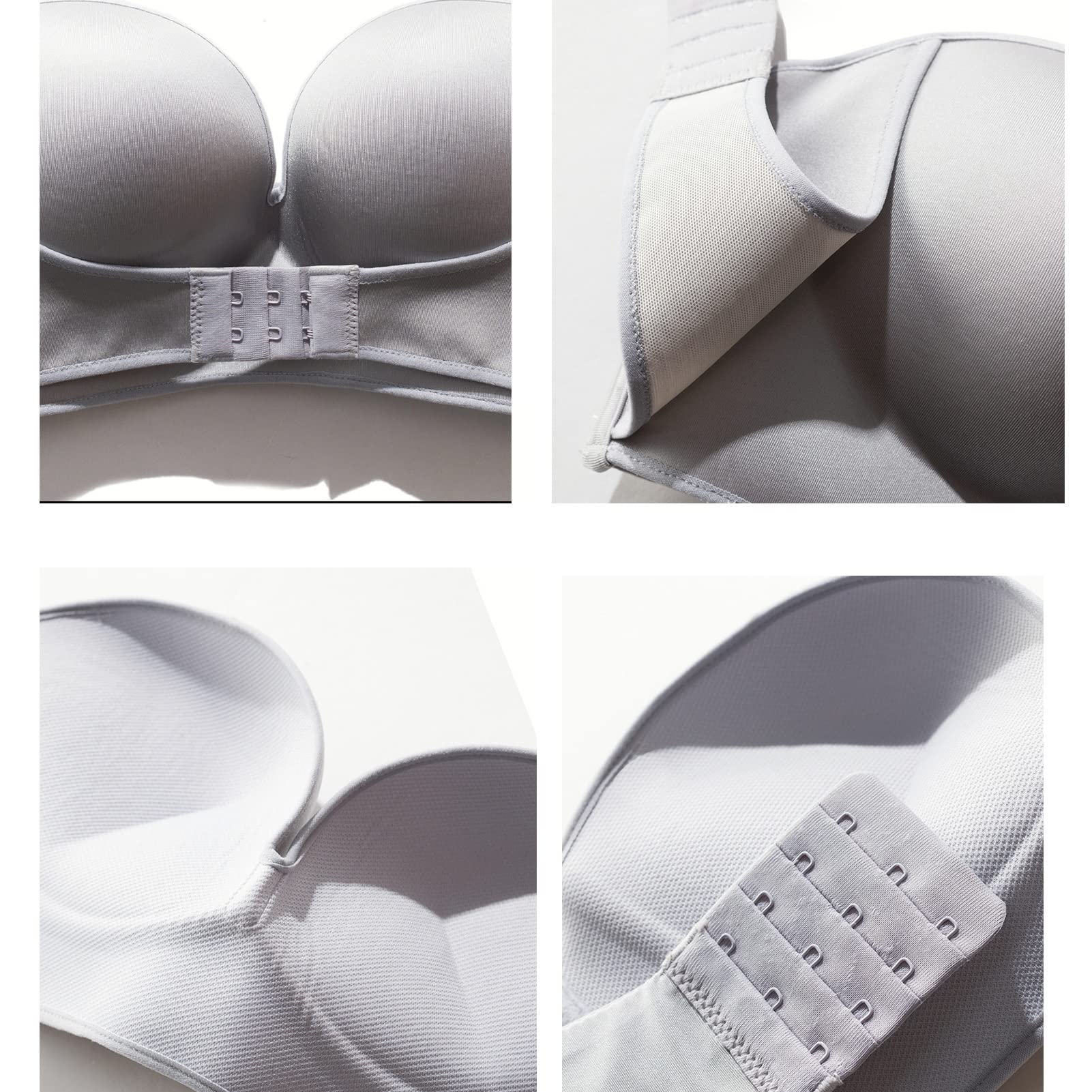 Invisible Strapless Push Up Bra for Women - Seamless Bandeau Wireless Half Cup Bra - Backless Dress Lingerie - Perfect for Weddings, Evening Gowns & Formal Wear (Gray, 80/36C)
