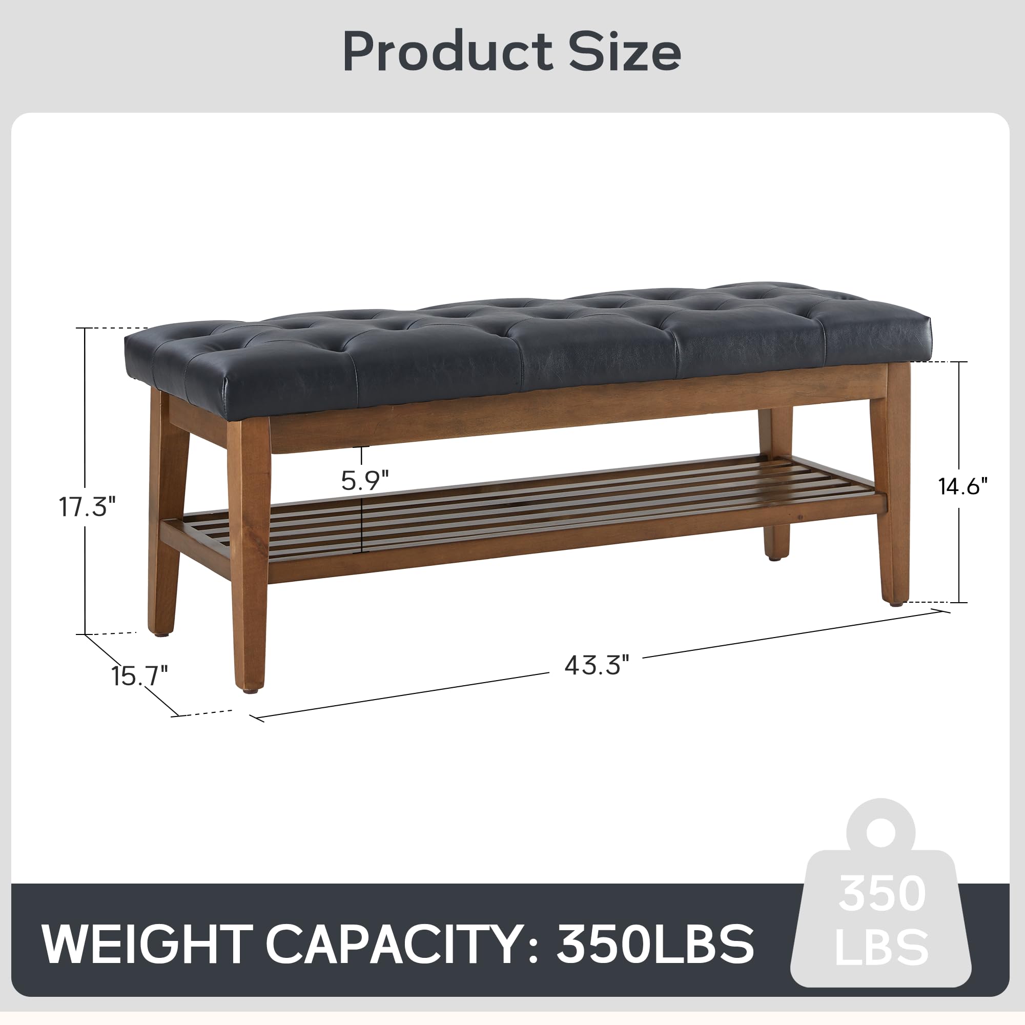 HUIMO PU Leather Entryway Bench with Button-Tufted Design - Solid Wood Shelf Storage Ottoman for Living Room, Bedroom & Dining Area - Versatile Shoe Bench, End of Bed Seat & Kitchen Dining Chair (Black)