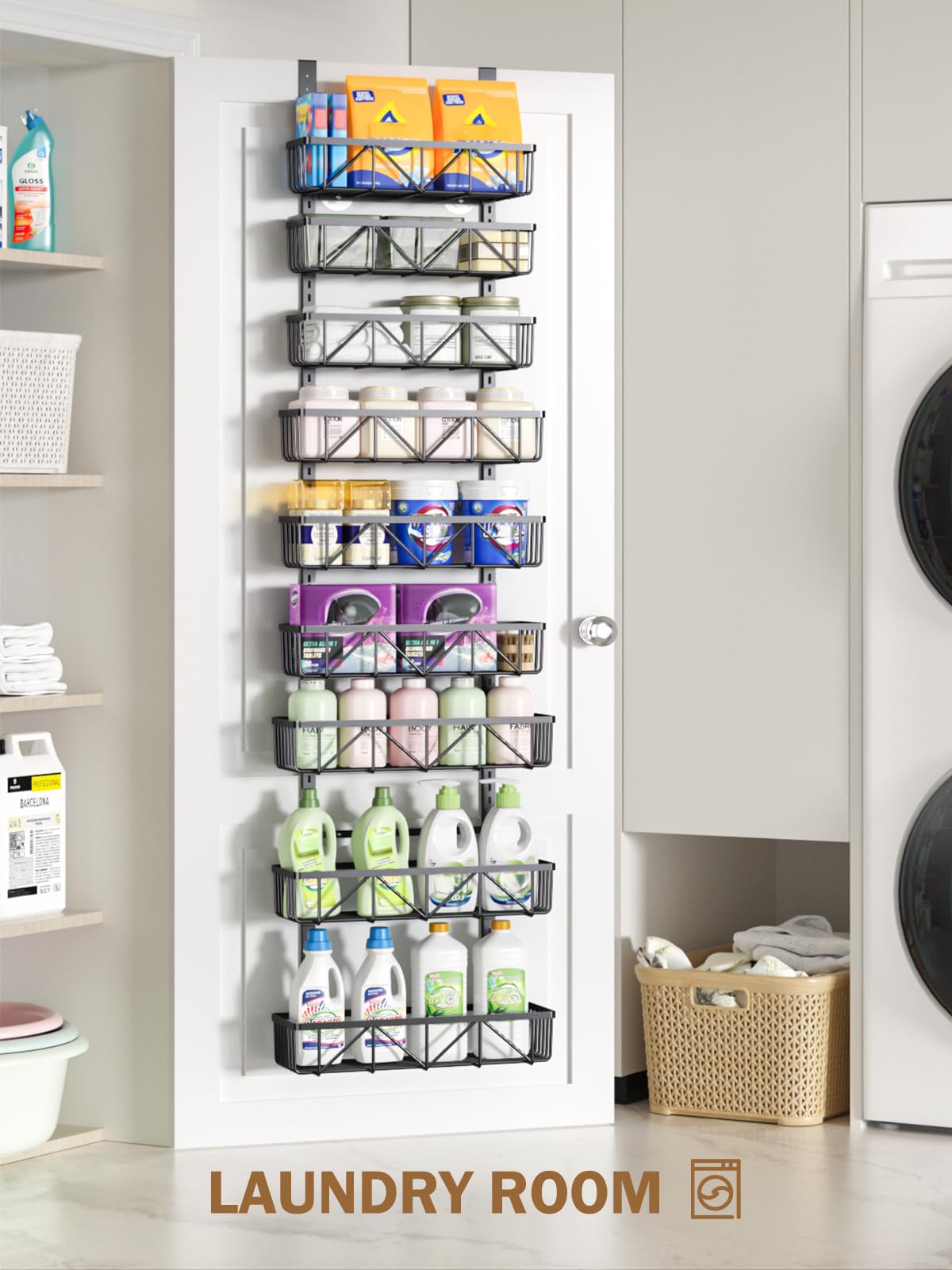 Delamu 9-Tier Adjustable Over the Door Pantry Organizer - Metal Kitchen Storage & Spice Rack - Black Hanging Cabinet Door Shelves for Easy Installation - Perfect for Small Spaces & Apartment Organization