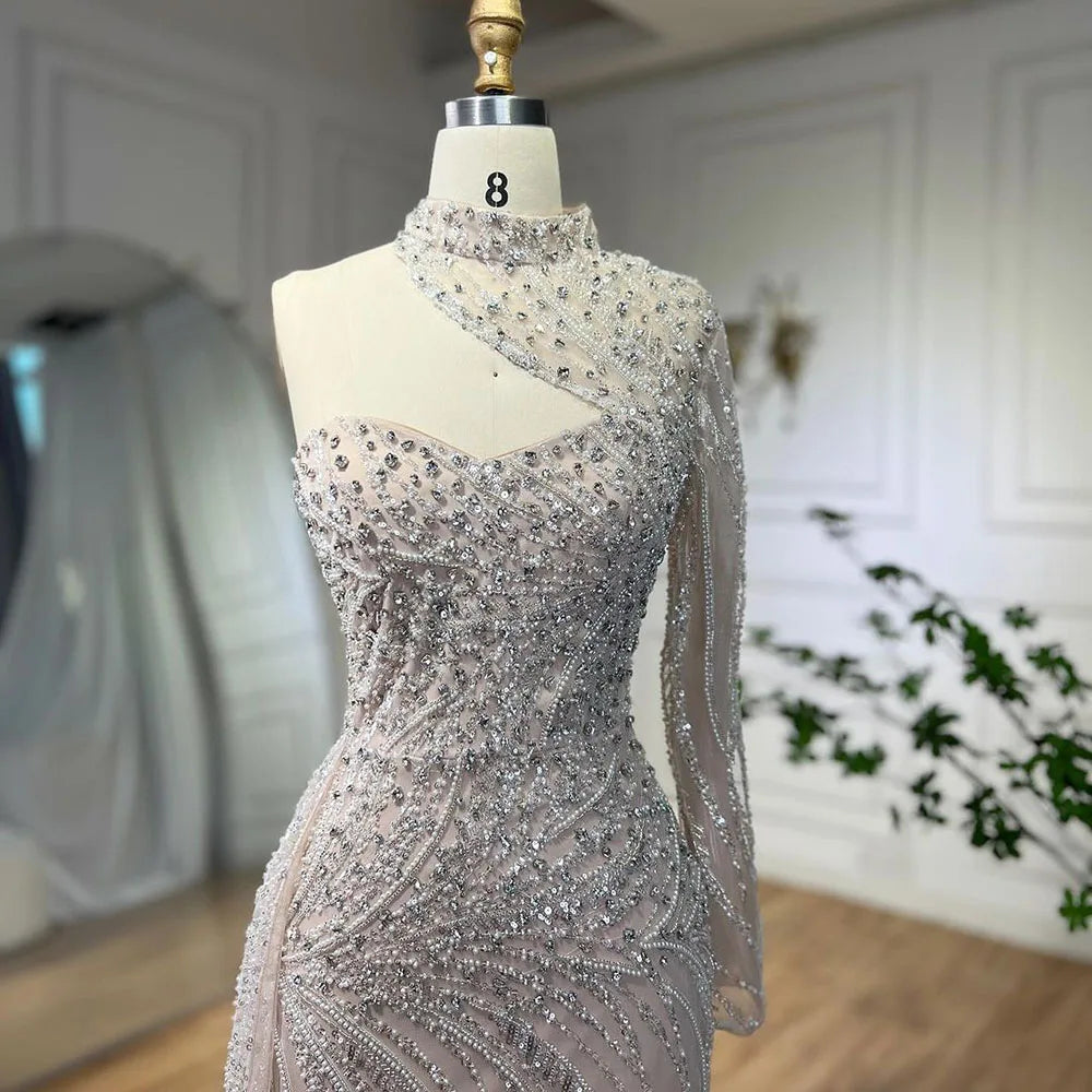 Elegant White Arabic Mermaid Evening Gown with Beaded One-Shoulder Design - Luxury Party Dress for Women 2025 | Perfect for Prom, Gala & Formal Events - LA72196