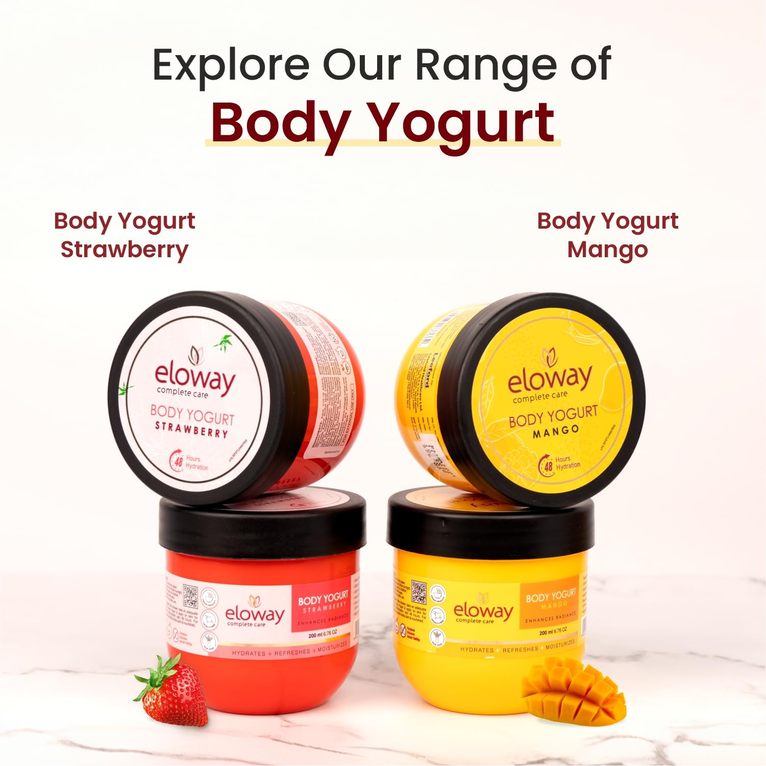 Eloway Body Yogurt & Body Butter Moisturizer for Dry Skin - 200g Mango Flavor | Non-Sticky 48H Hydration | Deep Nourishment for Soft, Glowing Skin | Perfect for Daily Use, After Shower & Winter Care