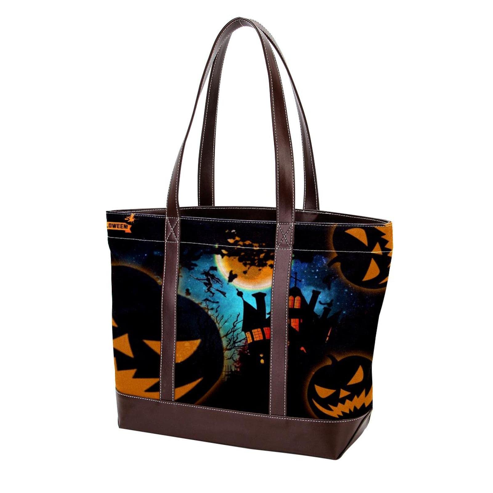 Premium Large Leather & Canvas Tote Bag for Women - Super Moon Full Wolf Design, Top Handle Shoulder Satchel Hobo Purse - Perfect for Work, Travel & Casual Outings