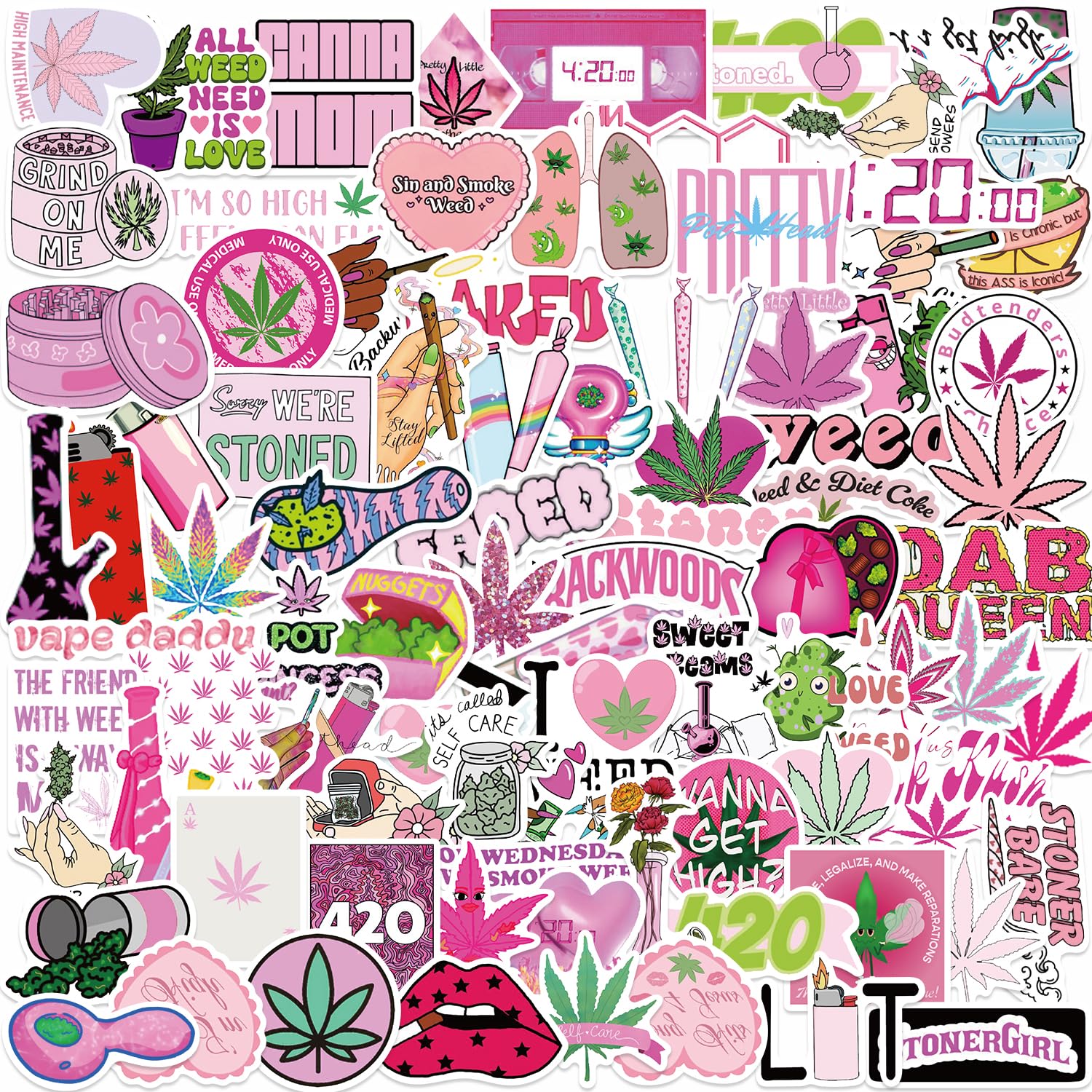 100PCS Pink Kawaii Marijuana Stickers for Adults - Cute Aesthetic Weed Stickers for Girls, Perfect for Laptop Decoration, Water Bottles & Journaling - Unique Weed Gift Idea