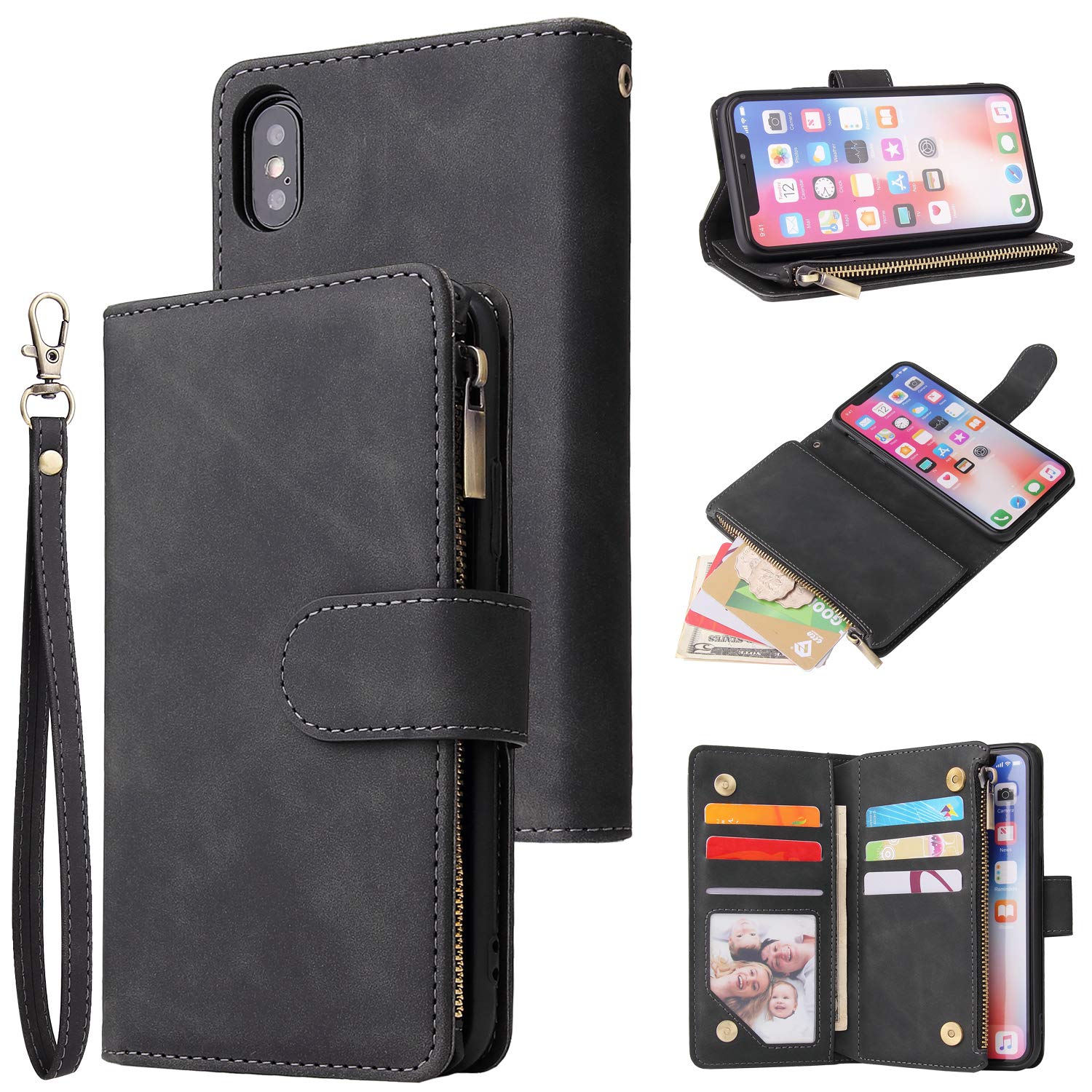 Premium Vintage PU Leather Wallet Case for iPhone X/Xs - Shockproof Flip Folio with Zipper Pocket, Card Slots, Magnetic Closure & Kickstand (Black) | Perfect for Daily Use, Travel & Hands-Free Viewing