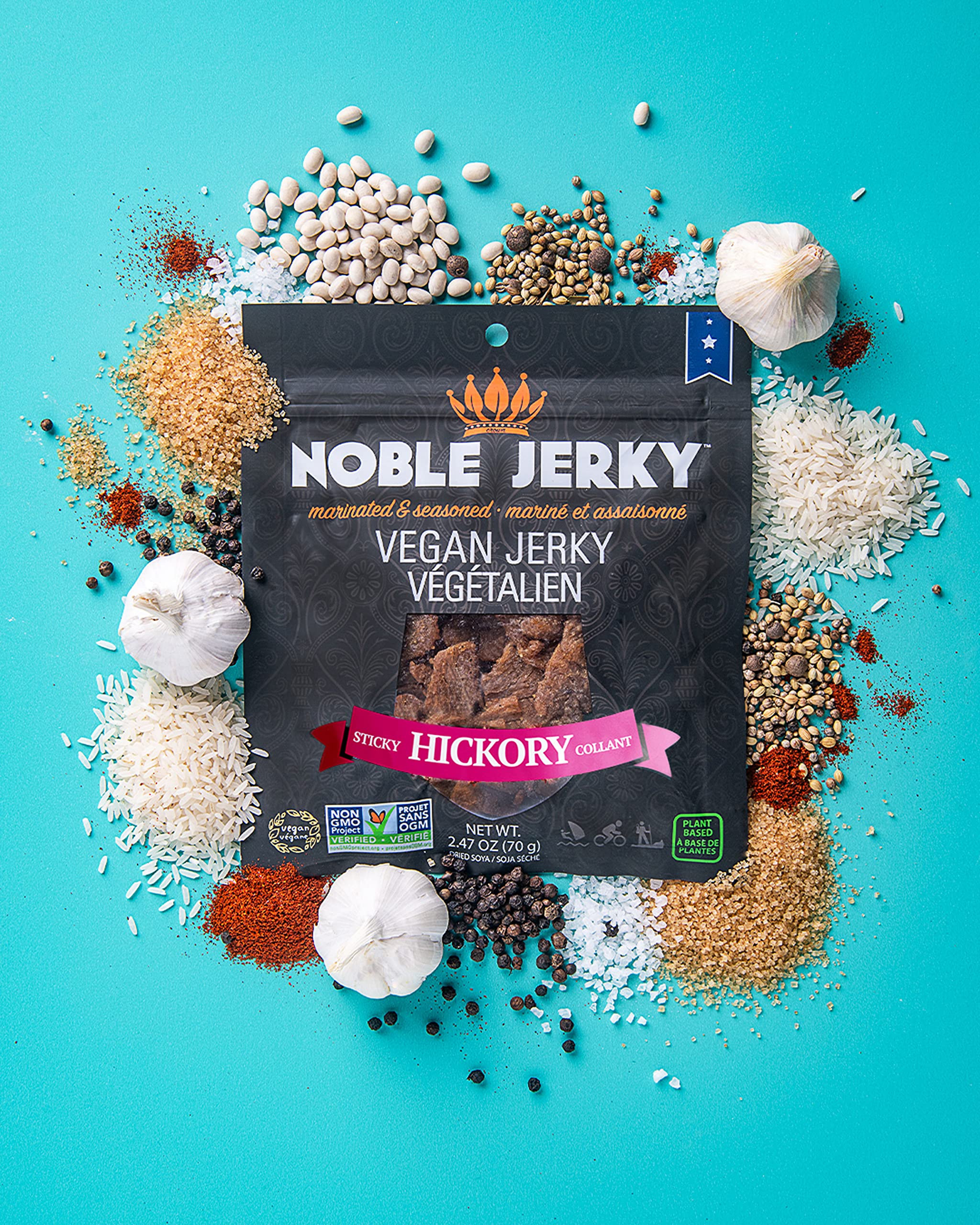 Noble Jerky - Vegan, Plant-Based Protein Snack, Non-GMO, Hickory Smoked Flavor (12 Pack, 70g Bags) | Healthy On-The-Go Snack for Hiking, Travel & Work