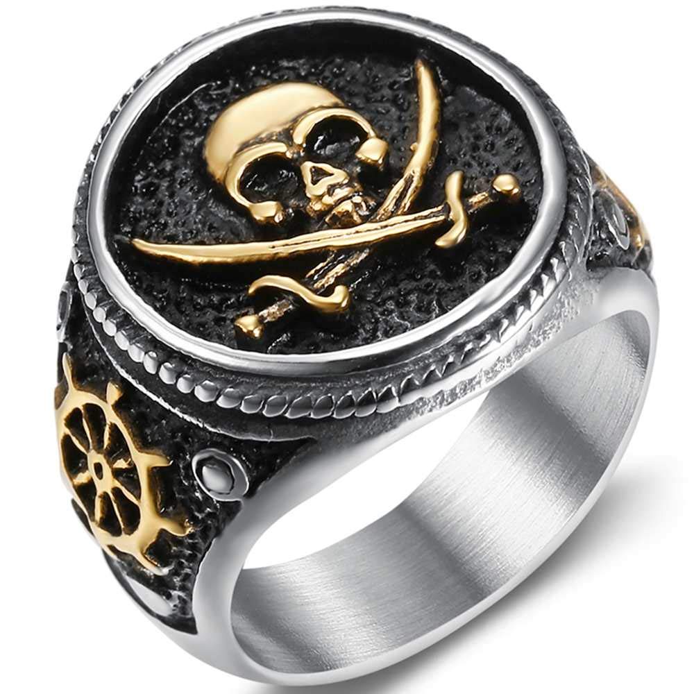 Stainless Steel Vintage Skull Pirate Knife Ring - Gothic Biker Jewelry for Men & Women - Perfect for Halloween Parties, Cocktail Events & Motorcycle Riders