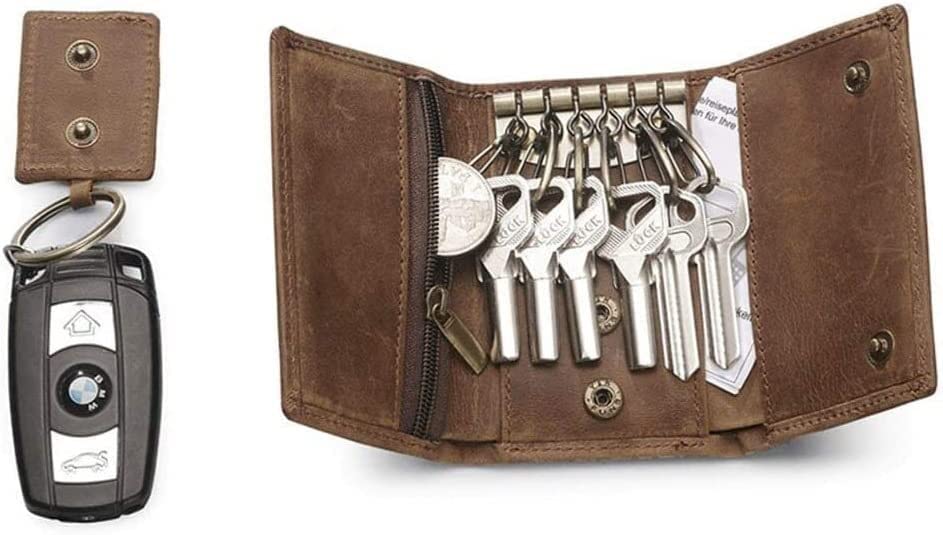 Premium Leather Key Holder Wallet with 6 Hooks & Car Key Hook - Organizer for Men & Women (Brown) - Perfect for Home, Office & Travel Key Organization