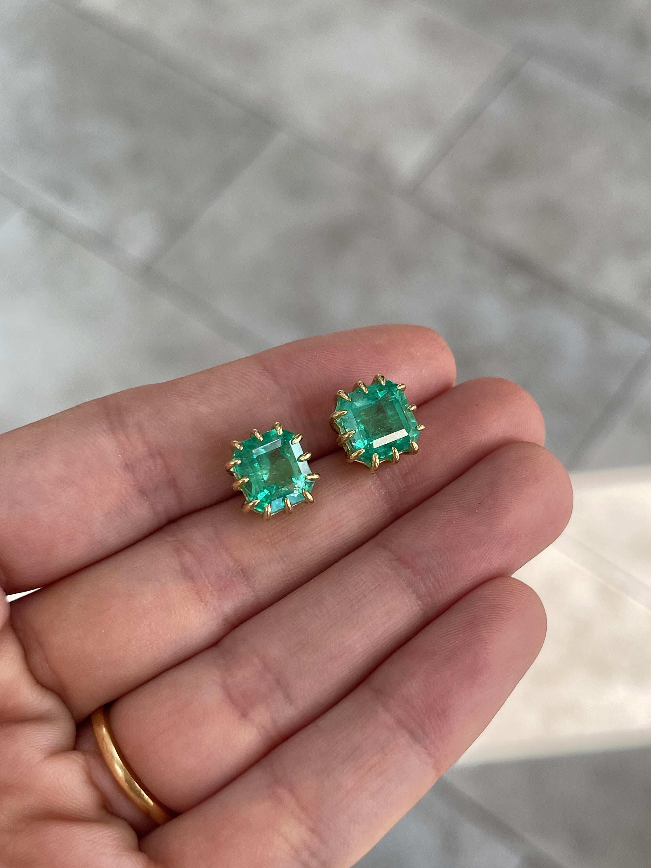 8.56tcw Colombian Emerald Multi Prong 18K Gold Statement Stud Earrings - Perfect for Weddings, Parties & Special Occasions