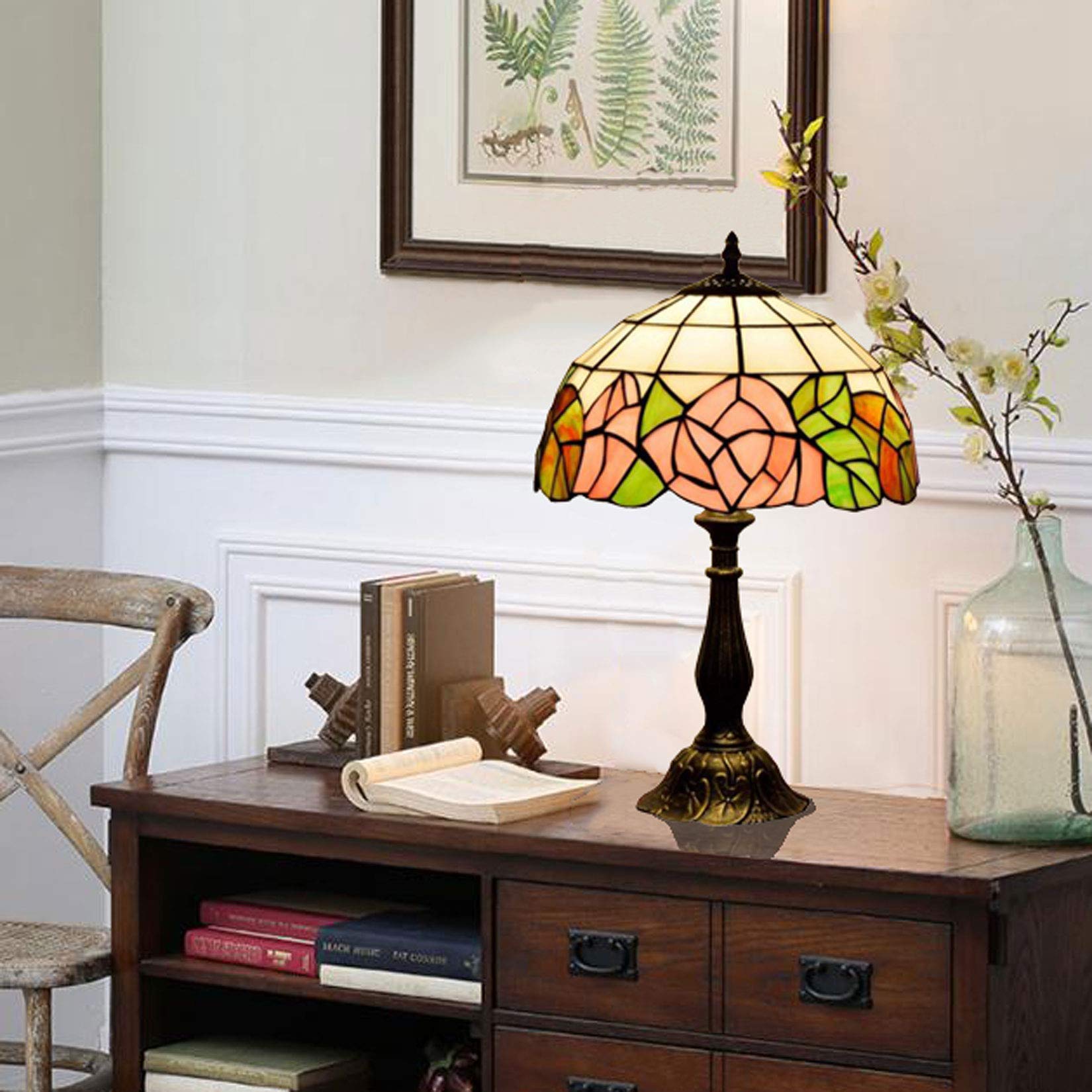 Tiffany Style Rose Flower Table Lamp - 12 Inch White Handmade Stained Glass Lamp Shade, Antique Decorative Desk Light for Living Room, Bedroom, Office | Perfect for Home Decor, Reading Nook & Gift Giving