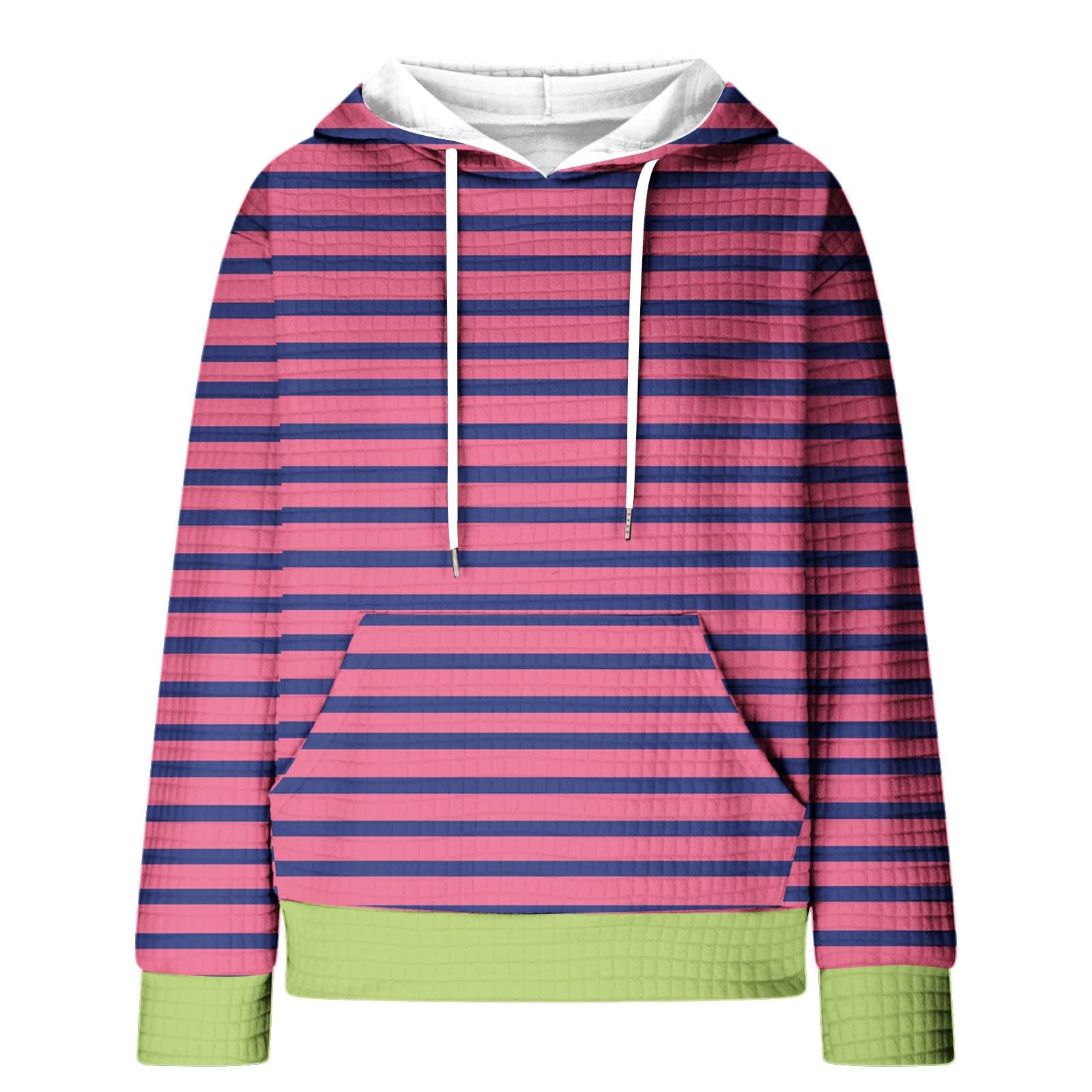 Women's Fashion Waffle Striped Hoodie - Long Sleeve Drawstring Sweatshirt, Loose Winter Fall Pullover Blouse Top for Casual Wear & Outdoor Activities