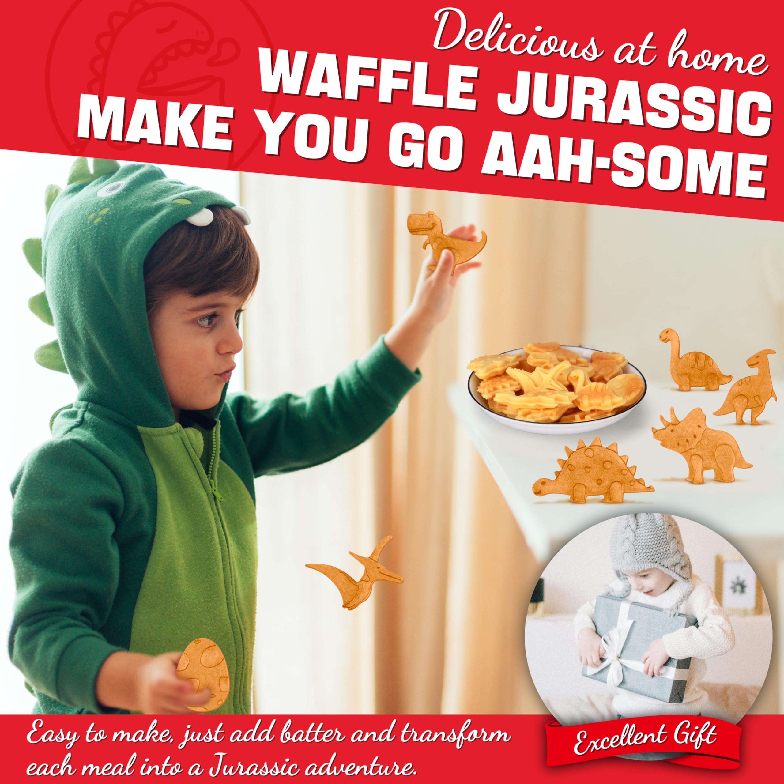 Dinosaur Mini Waffle Maker for Kids - Electric Non-Stick Waffle Iron with 8 Dino Shapes | Quick & Easy Mini Pancake Maker Machine | Perfect for Halloween Breakfast, Birthday Parties & Family Fun