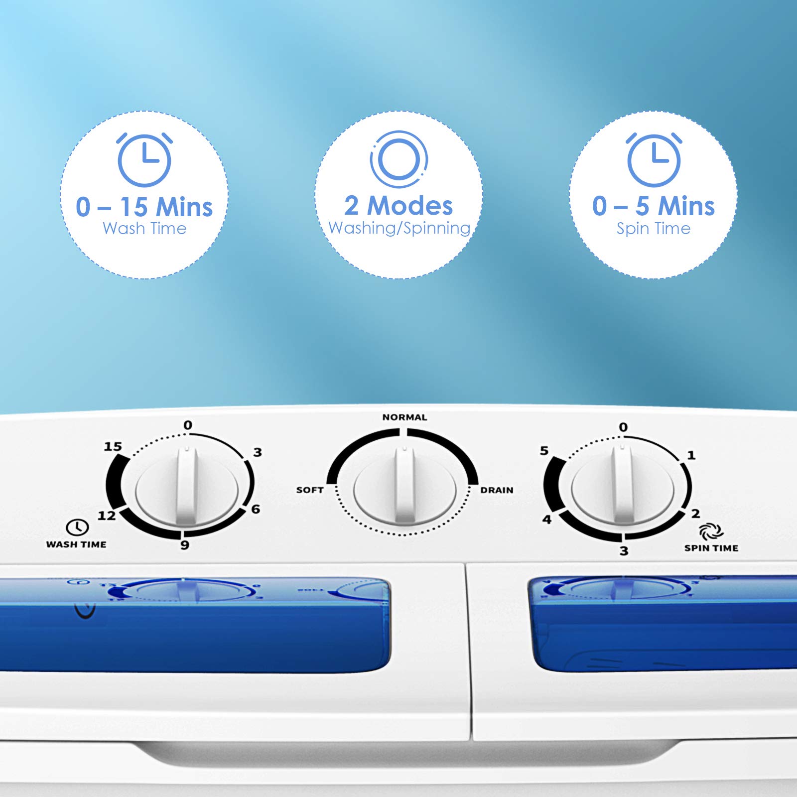 ARLIME 20lbs Portable Twin Tub Washing Machine with Drain Pump - Semi-Automatic Compact Washer (12lbs) & Spinner (8lbs) - Perfect for Apartments, Dorms, RV & Camping - Ideal for Small Spaces, Travel & Off-Grid Living