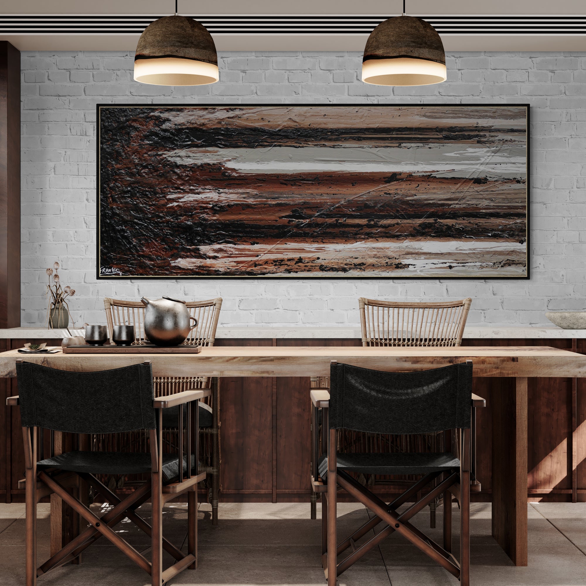 200cm x 80cm Modern Abstract Textured Canvas Painting - Brown, White, Black & Rust Grey - Perfect for Living Room, Bedroom or Office Wall Decor