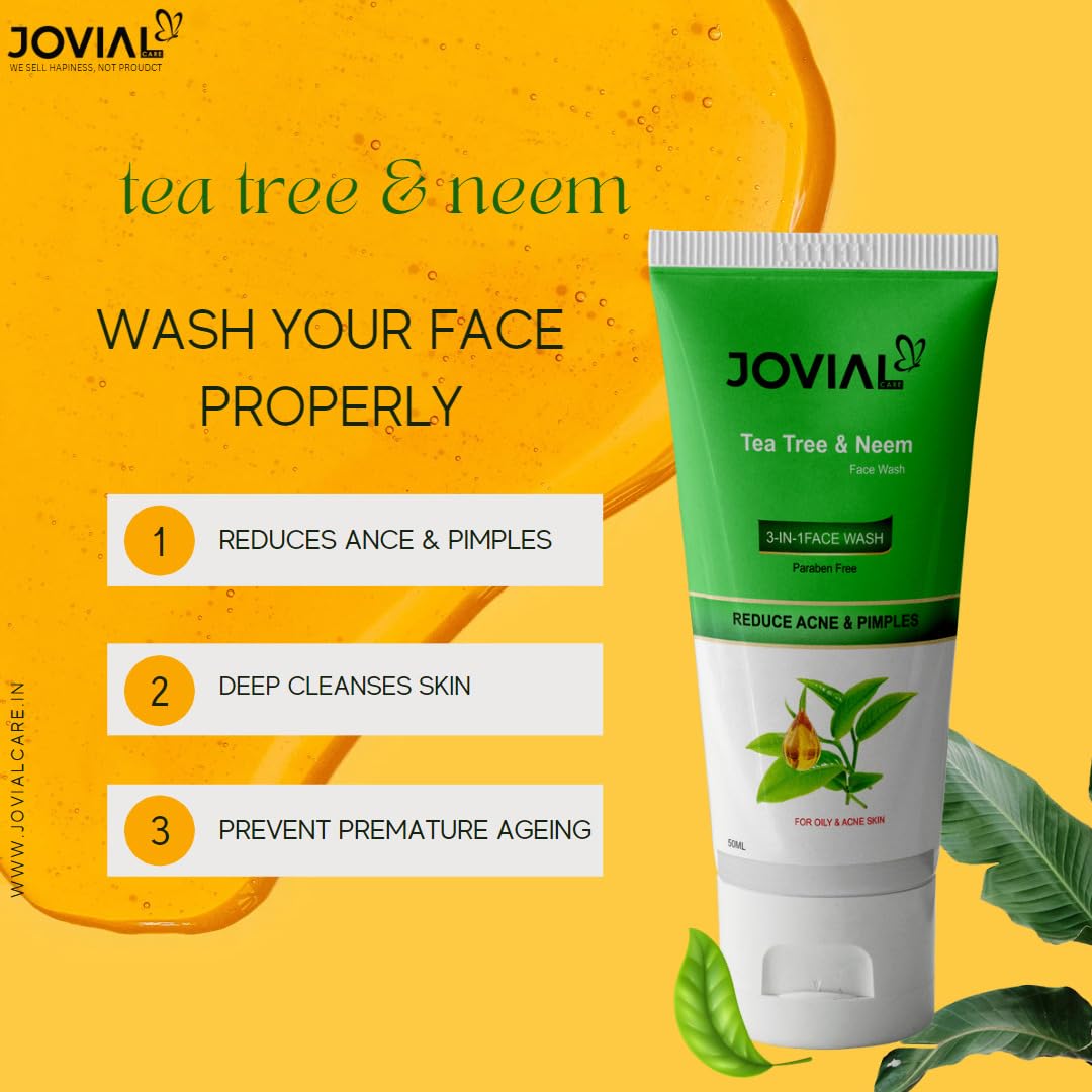 JOVIAL CARE Neem & Tea Tree Face Wash for Acne & Oily Skin - Reduces Pimples & Controls Oil | 100ml (Pack of 2) | Gentle Daily Cleanser for Clear, Healthy Skin - Perfect for Morning & Night Skincare Routine