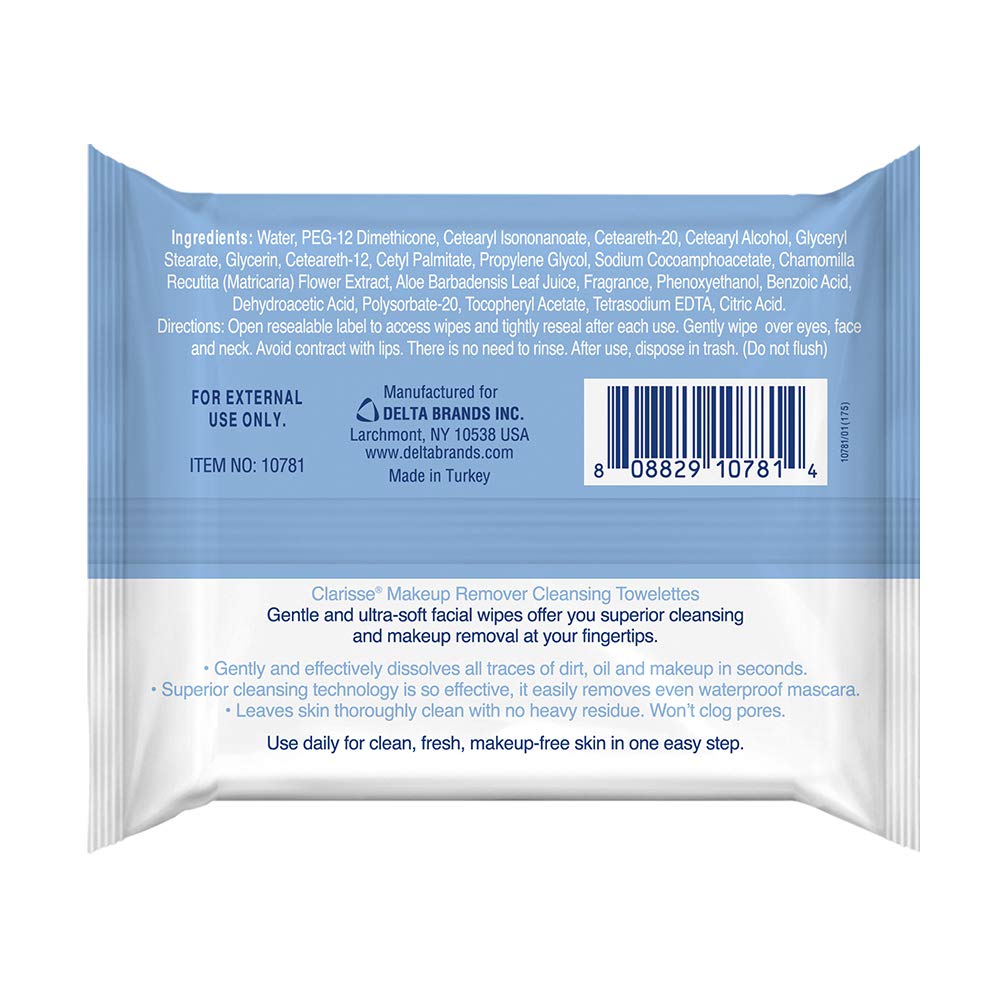 Clarisse 10781-12 Makeup Remover Cleansing Wipes with Moisturizing Formula, 30 Count (Pack of 1212) - Gentle Facial Cleansing Towelettes for Daily Makeup Removal & Skincare Routine