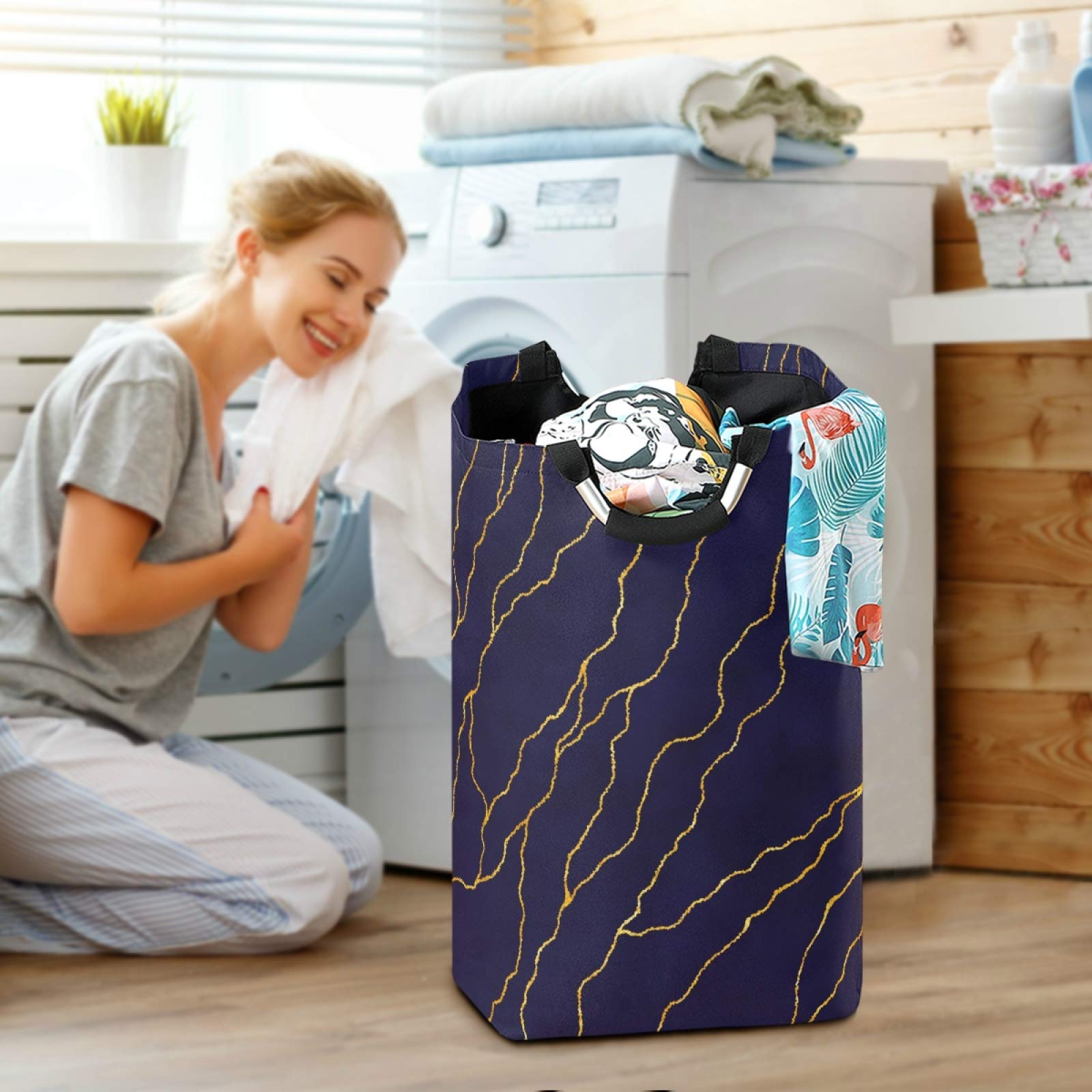 Susiyo Collapsible Laundry Hamper - Foldable Navy Blue Clothes Basket with Gold Foil Lines & Handles, Large Storage Organizer for Kids Room, Bathroom, Toy Bin | Perfect for Laundry, Clothes Storage & Home Organization