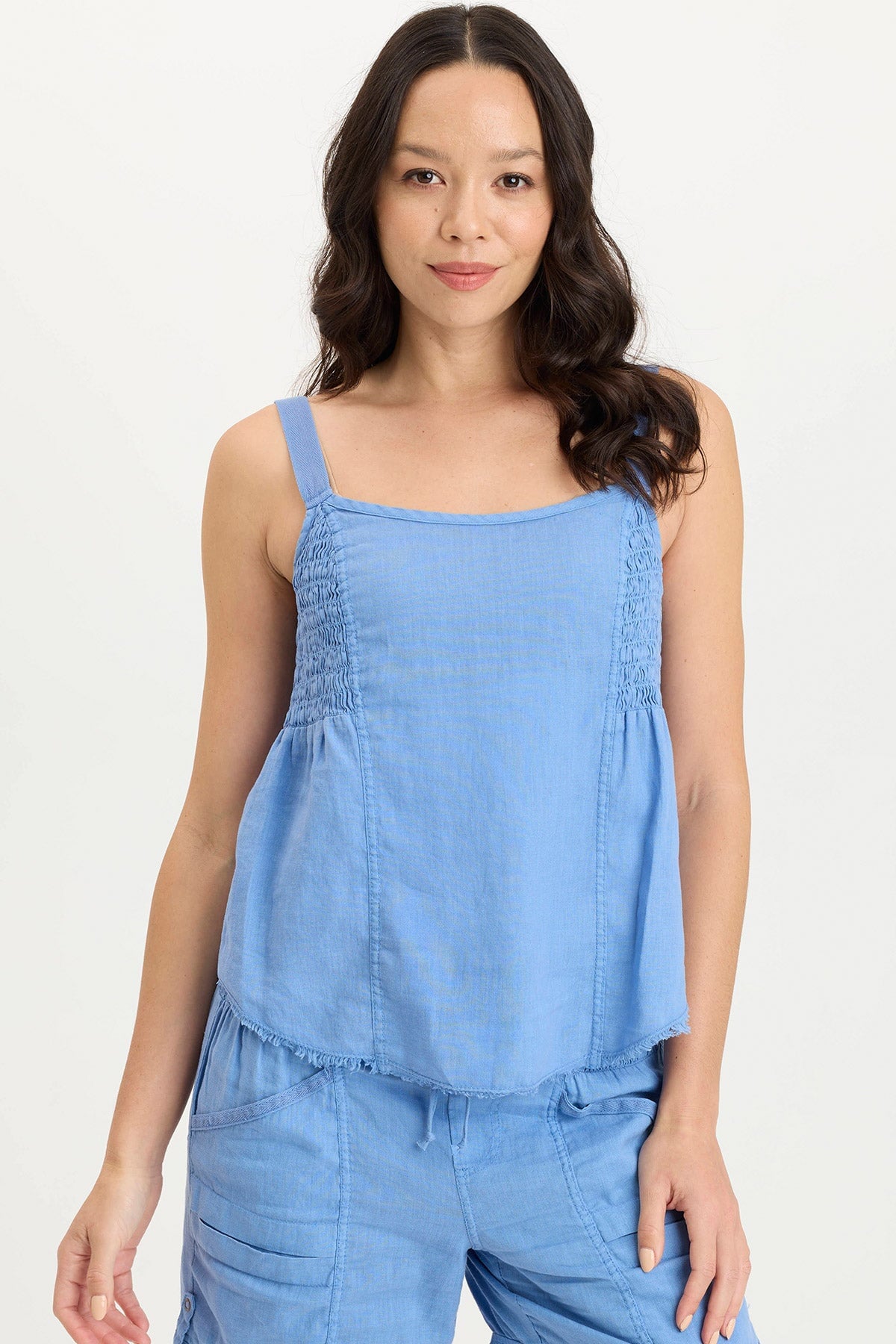 Fernley Linen Ruched Tank Top for Women - Breathable Summer Casual Blouse with Ruffle Detail - Perfect for Beach, Vacation & Everyday Wear