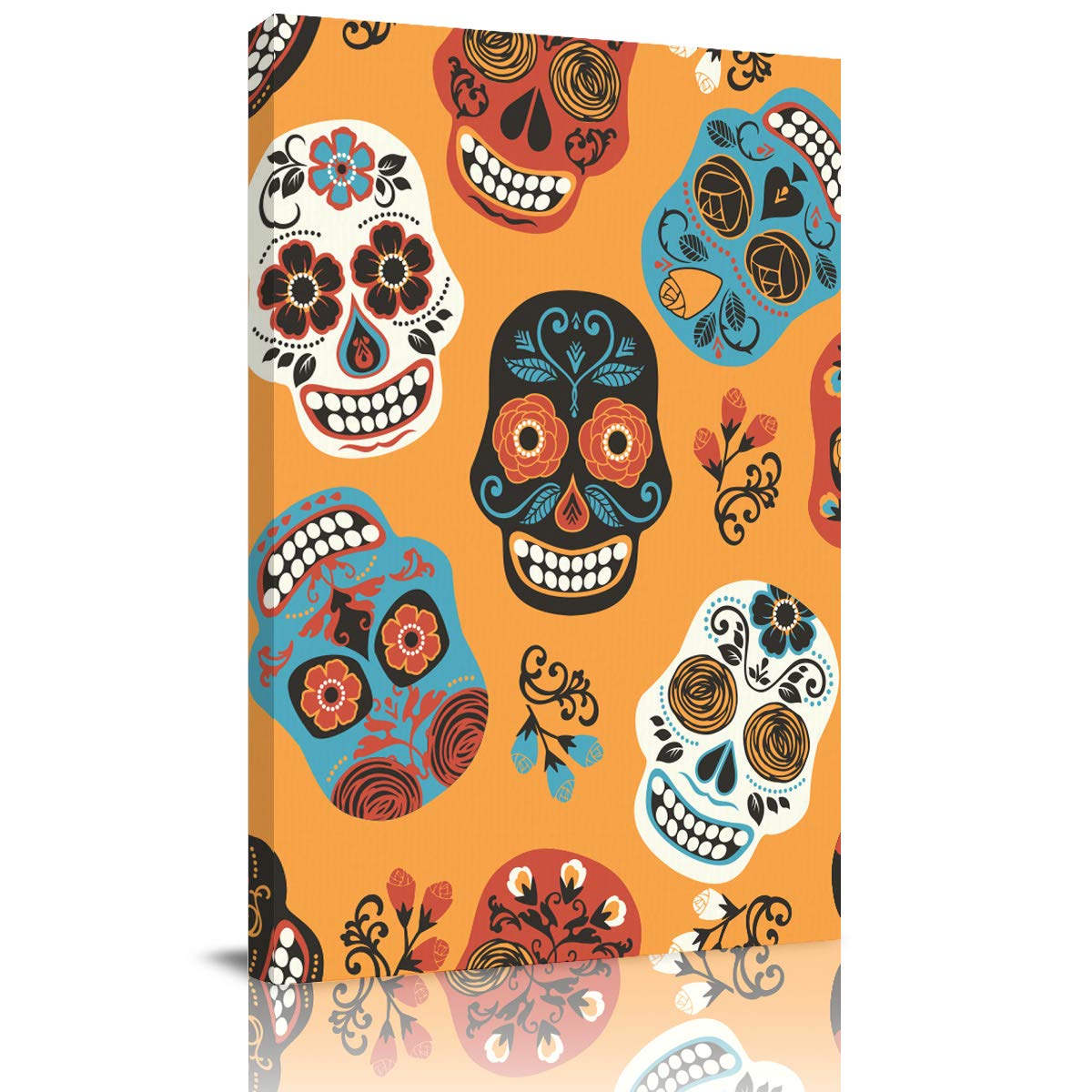 Floral Skull Canvas Wall Art - Mexican Day of the Dead Decor, Framed Ready-to-Hang Skeleton Painting (28x20 inches) for Bedroom, Living Room & Office Decor