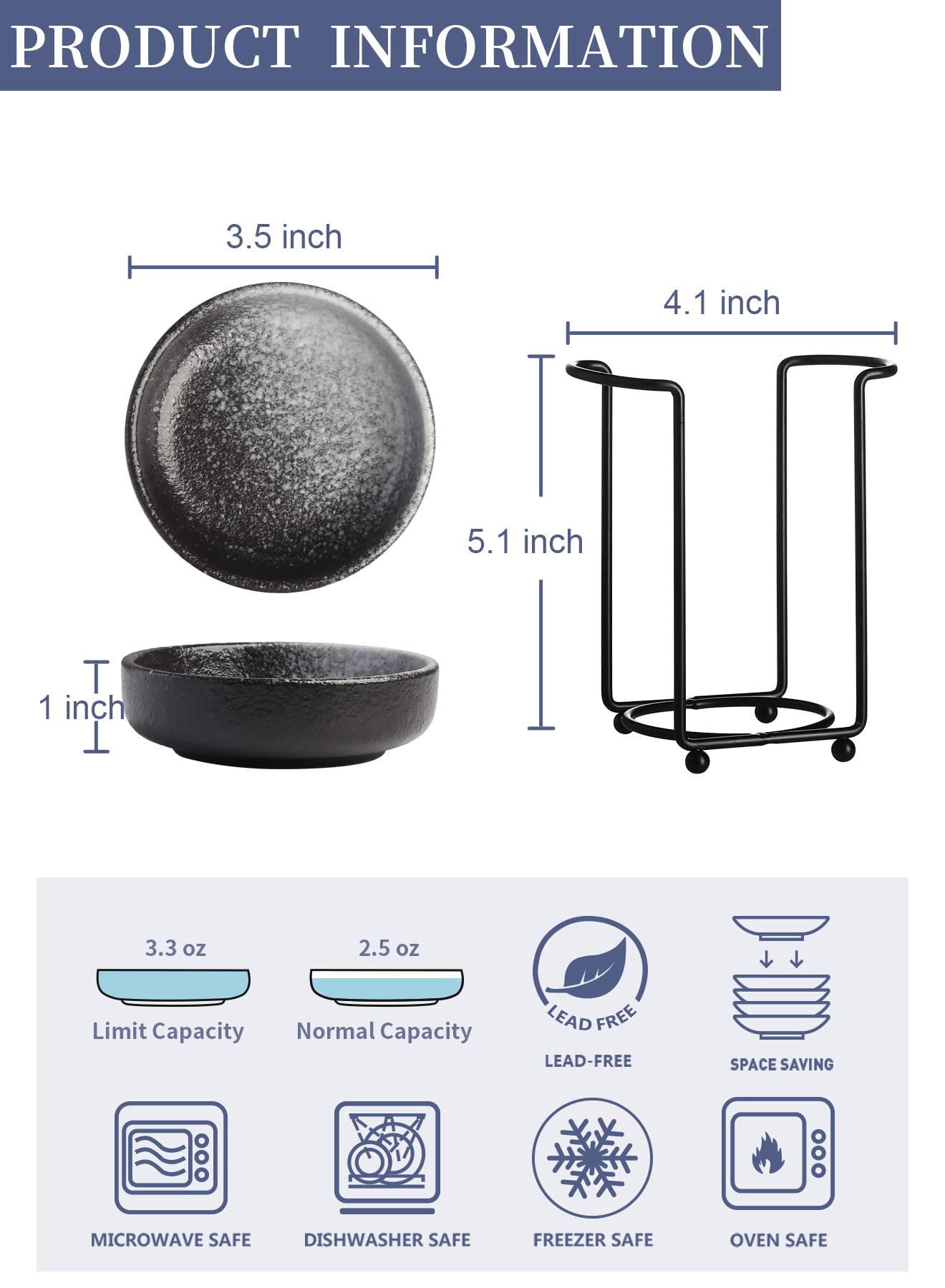 Premium Japanese Ceramic Dipping Bowls Set of 6 - 3.5 Inch Small Side Dishes with Metal Stand for Soy Sauce, Ketchup & Condiments | Perfect for Sushi, BBQ, Party Appetizers & Asian Dining Experience | Elegant Black & White Design