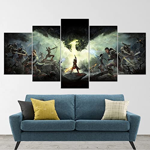 Dragon Age Inquisition 5-Piece Canvas Wall Art Set - Handmade Fantasy Game Poster for Living Room Decor - Extra Large 5-Panel Canvas Art - Perfect Gift for Gamers & Home Decor (X-Large) - Ideal for Game Rooms, Living Spaces & Themed Bedrooms