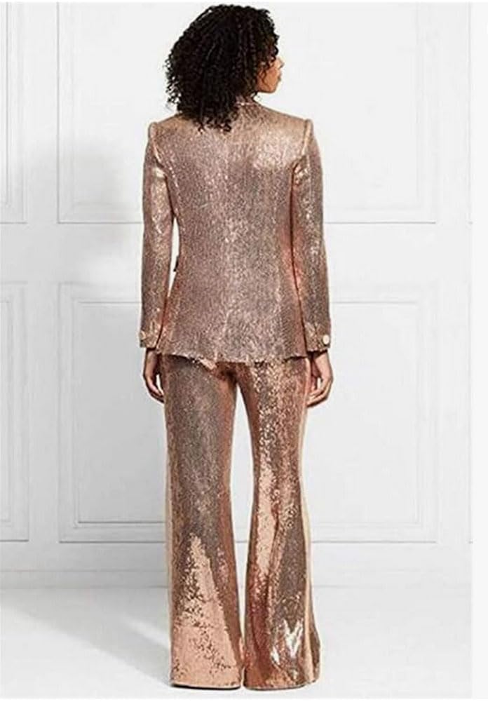 Elegant Women's Sequined 2-Piece Blazer & Pants Suit Set - One Button Wedding Tuxedo for Prom, Party & Special Occasions | Formal Evening Wear & Cocktail Attire