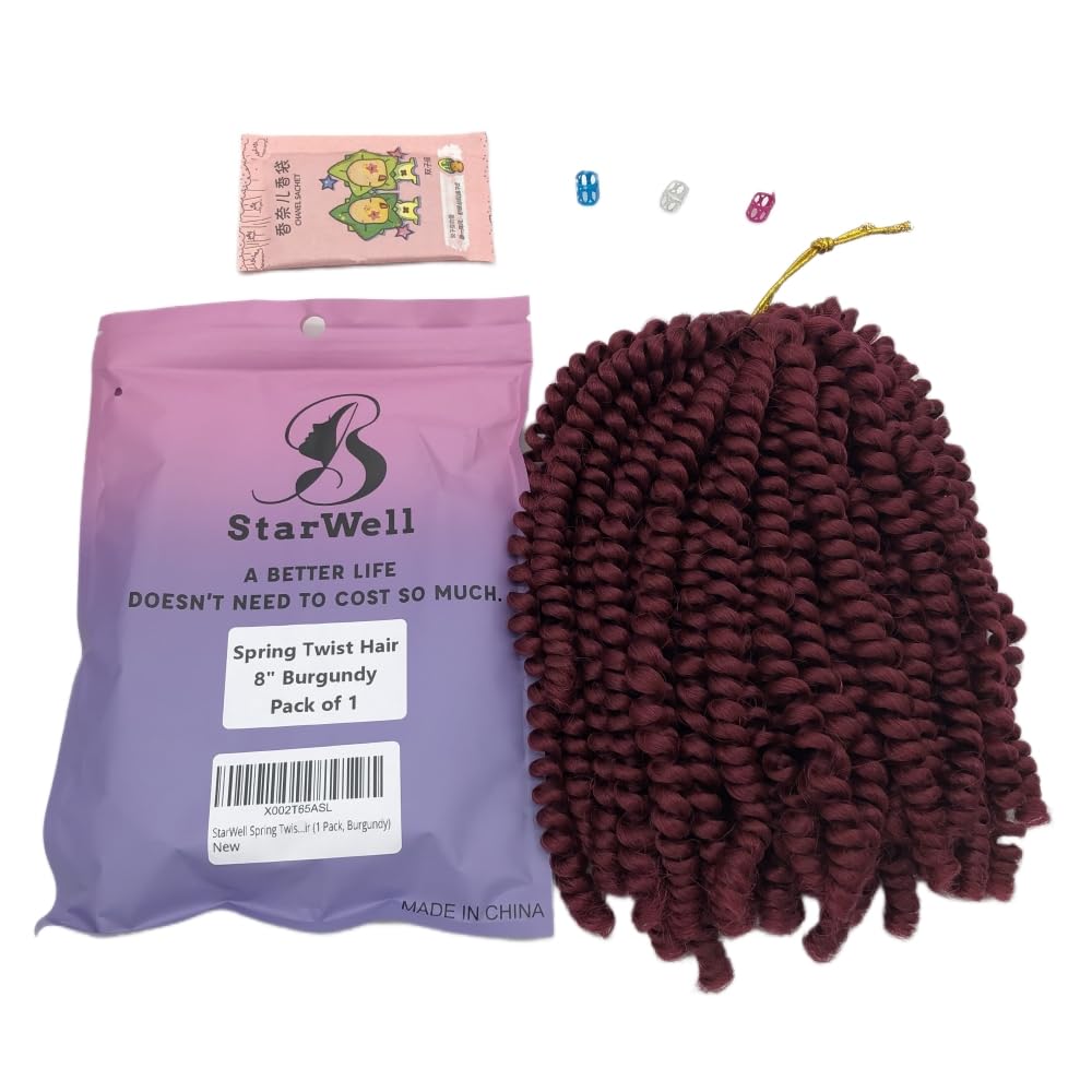StarWell Burgundy Spring Twist Hair - 8 Inch Synthetic Braiding Hair for DIY Hairstyles | Soft & Natural Looking Curly Hair Extensions | Perfect for Box Braids, Twist Outs & Protective Styles (Pack of 1)