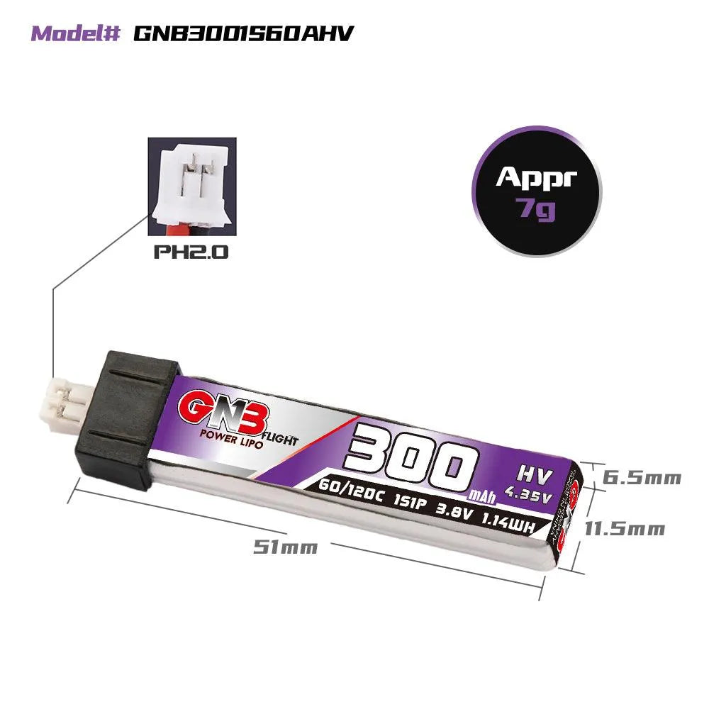 GNB/GAONENG 300mAh 1S 3.8V HV 60C LiPo Battery with PH2.0 Connector & Head Cover - 6 Pack for FPV Drones, RC Cars, and DIY Electronics Projects