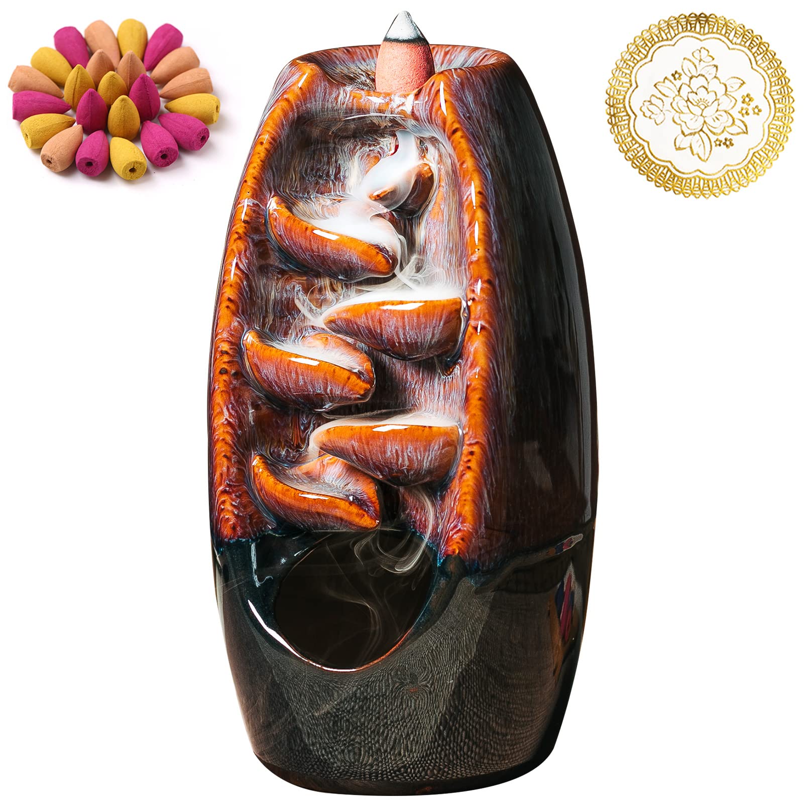 Premium INONE Ceramic Backflow Incense Burner with 120 Cones - Waterfall Aromatherapy Holder for Meditation, Yoga & Home Decor (Carnelian) | Zen Room Decor & Stress Relief Gift Idea