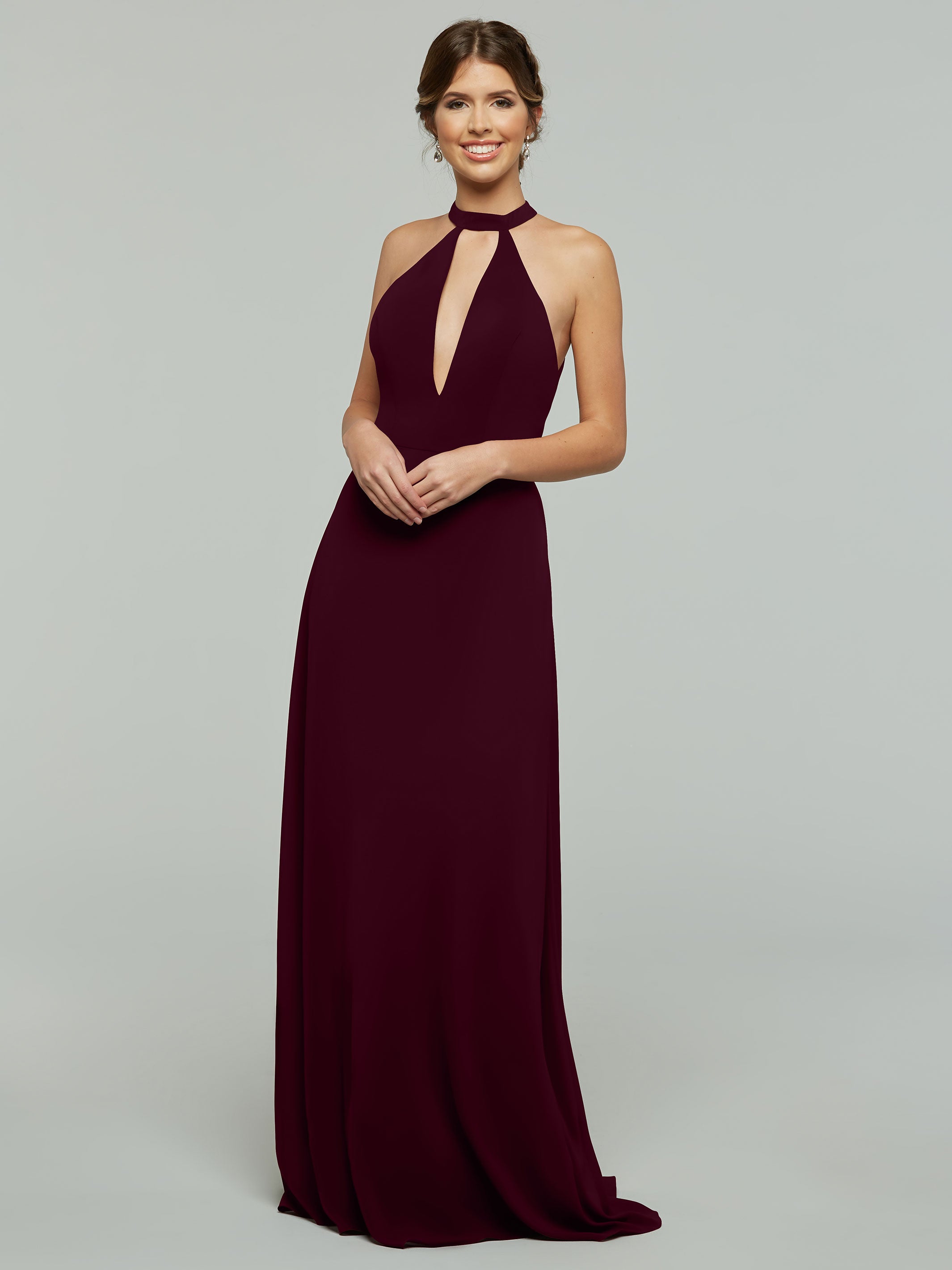 Elegant 80115 Stretch Chiffon A-Line Bridesmaid Dress with Plunging Halter Neckline - Perfect for Weddings, Formal Events & Evening Parties