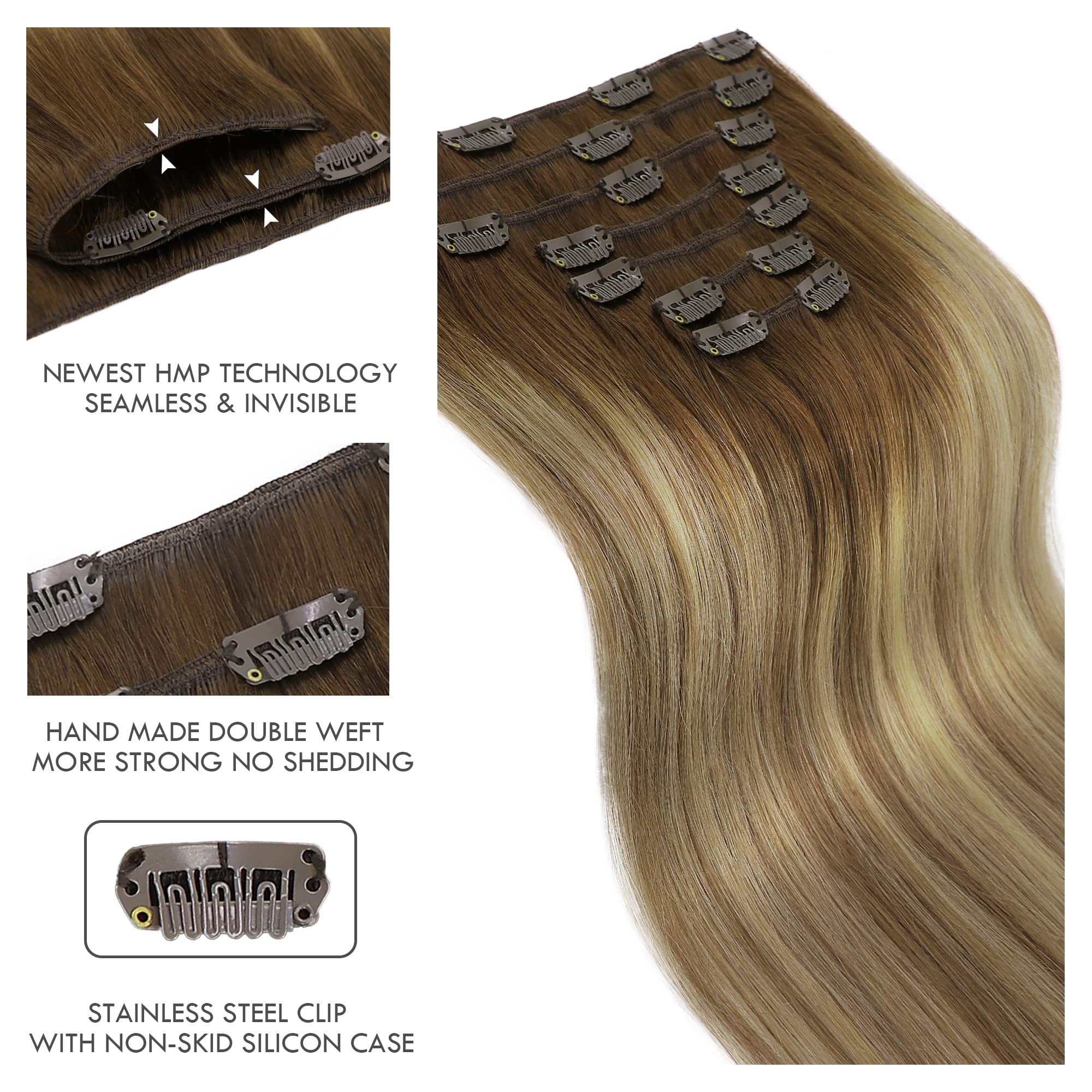 Clip In Hair Extensions 120G Real Human Hair - Balayage Walnut Brown to Ash Brown with Bleach Blonde Highlights - 7PCS 14 Inch Clip Ins for Volume & Length - Perfect for Parties, Weddings & Daily Styling