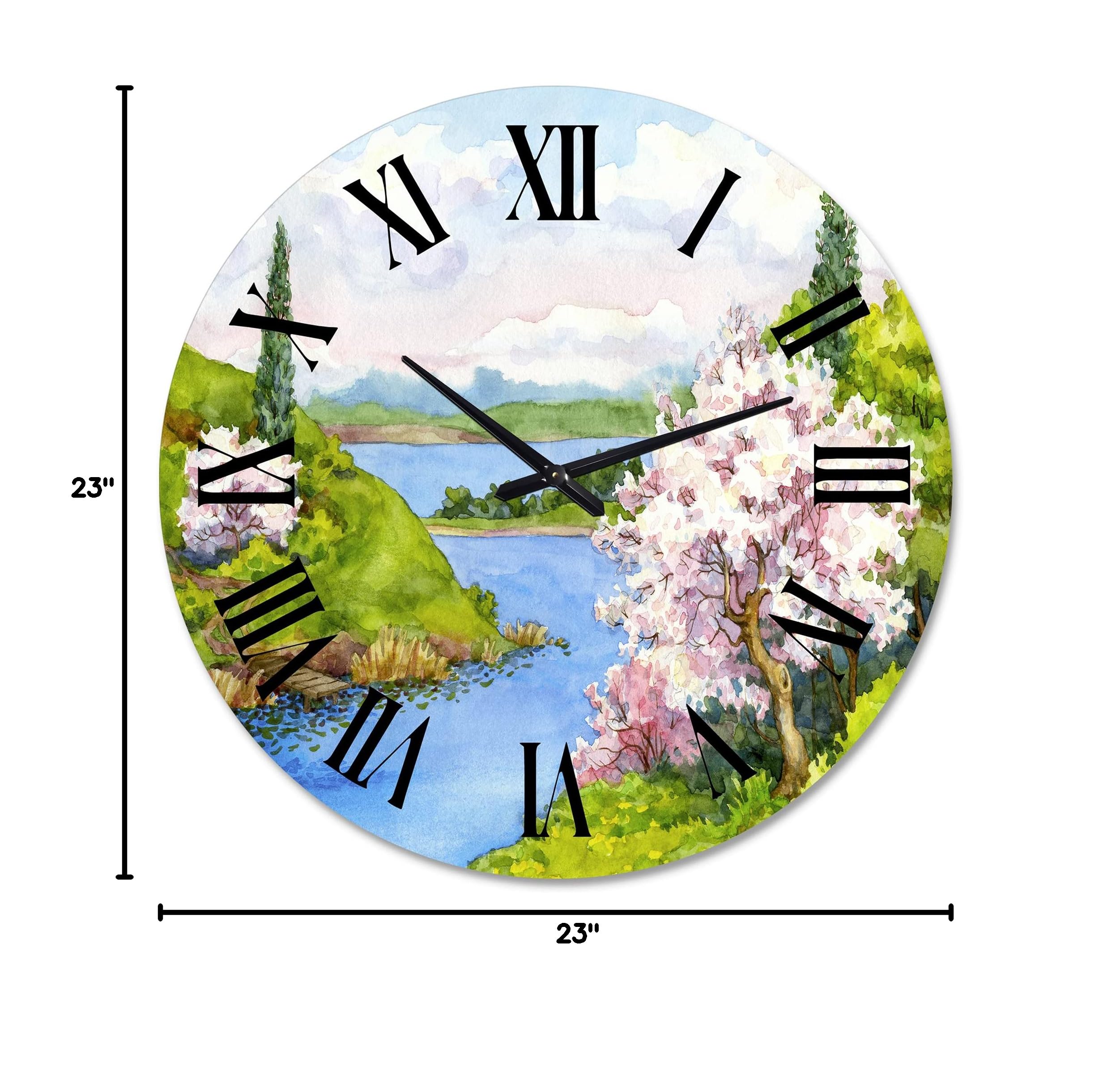 DesignQ Traditional Wall Clock 'Spring Landscape Under A Bright Blue Sky' - Large Nature-Themed Wall Clock for Kitchen, Living Room & Office Decor - Perfect for Home, Office & Gift Giving
