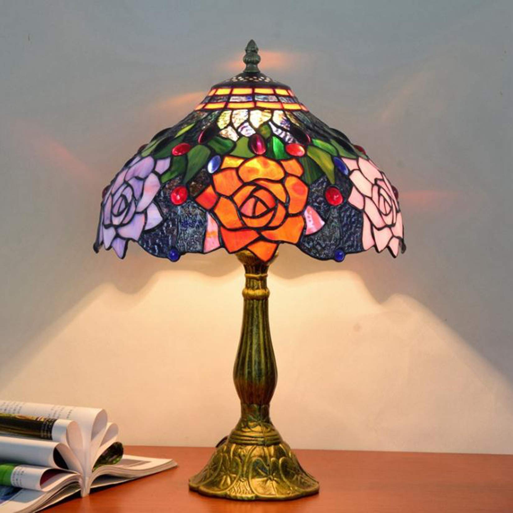 Tiffany Style Stained Glass Table Lamp - 12 Inch Purple Roses Design, Antique Desk Lamp for Living Room, Bedroom, Office | Perfect for Home Decor, Gift & Romantic Ambiance