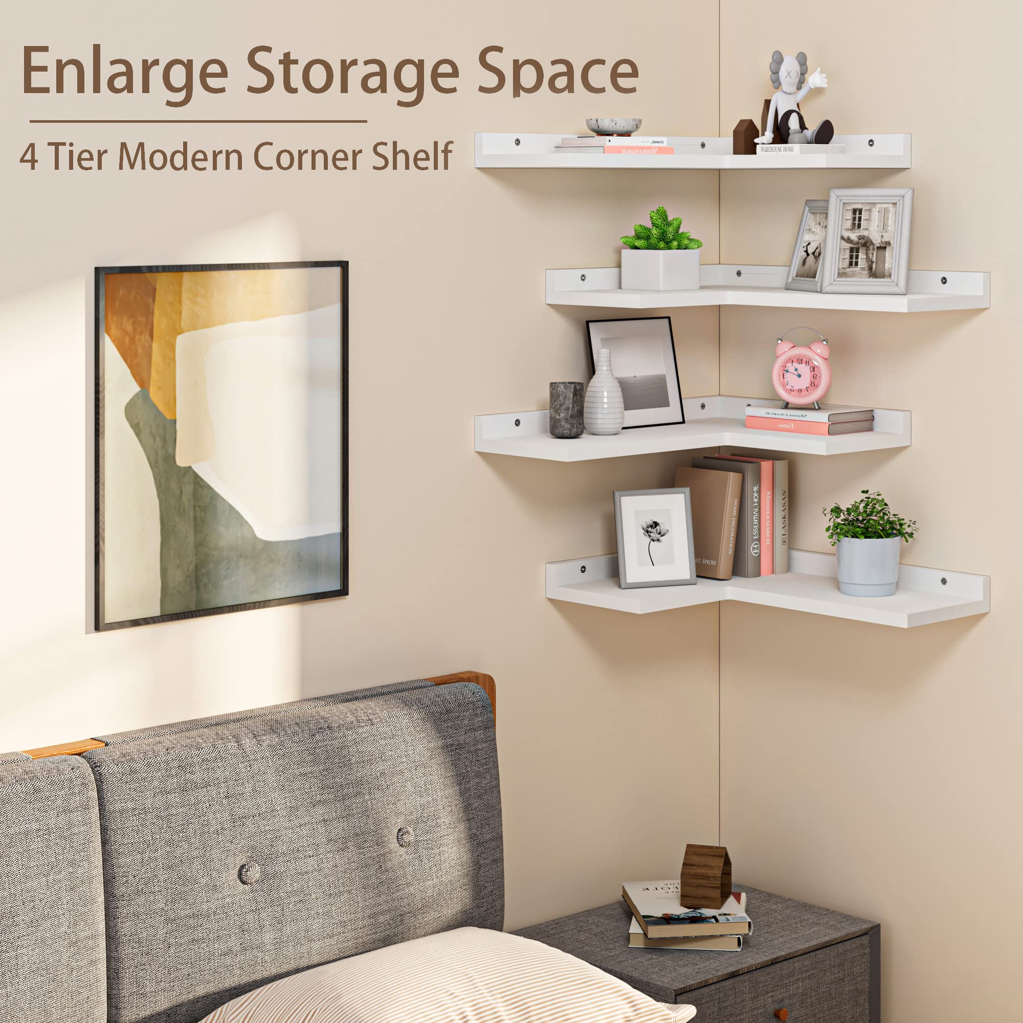 4 Tier White Floating Corner Shelves Set of 4 - Rustic Pine Wood Wall Mounted L-Shaped Shelf for Home Decor & Storage - Perfect for Bedroom, Living Room, Bathroom & Kitchen Organization