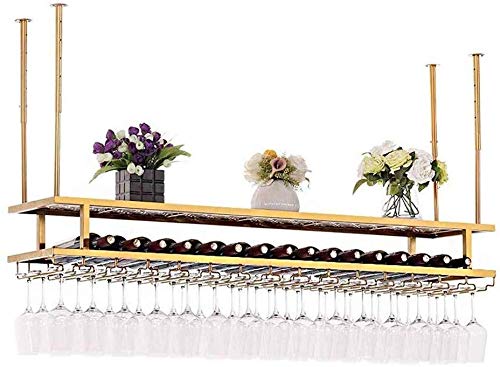 Premium Gold Wall-Mounted Wine Rack - Lefran Hanging Wine Bottle Holder with Glass Storage, Elegant Iron Ceiling Decorative Frame for Kitchen, Bar & Dining Room Decor