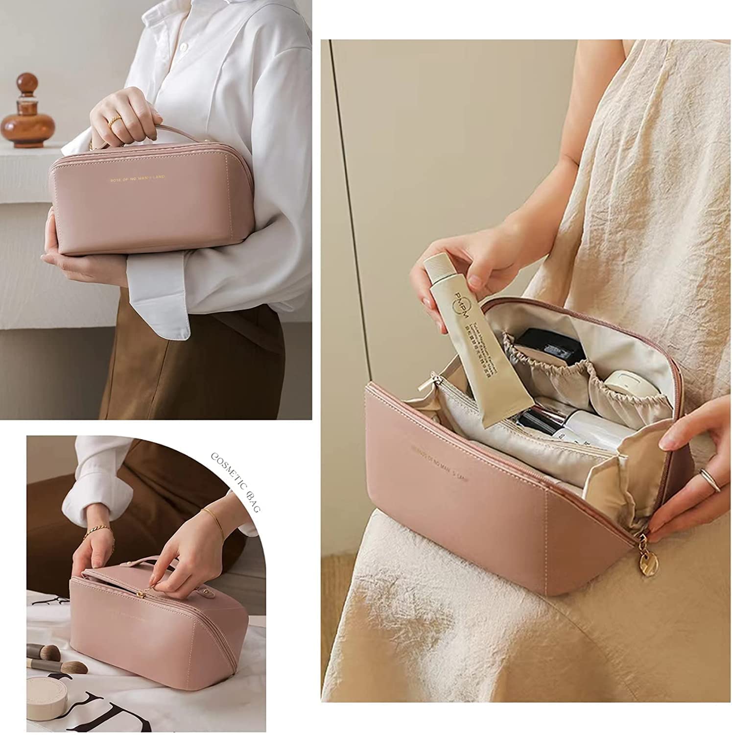Bajajbeautyshop 12cm Large Capacity Leather Makeup Travel Bag for Women - Portable Cosmetic Organizer with Handle & Divider, Wide Opening Design - Perfect for Travel, Gym, Work & Daily Use