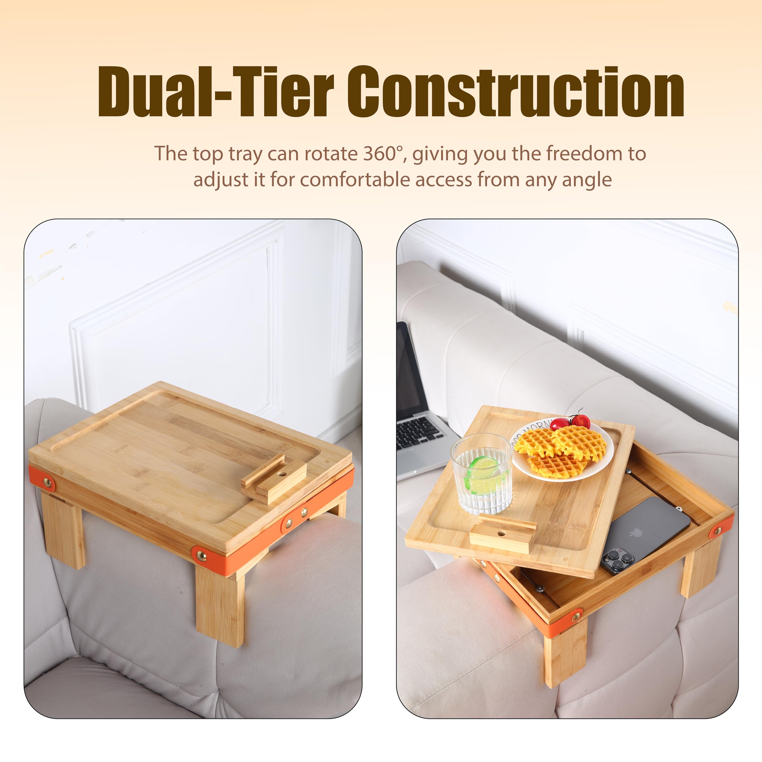 Premium Bamboo Couch Arm Table Tray with 360° Phone Holder - Non-Slip Clip-On Sofa Tray for Remote, Snacks & Drinks (4 Legs) - Perfect for Living Room, Bedroom & Home Theater Relaxation
