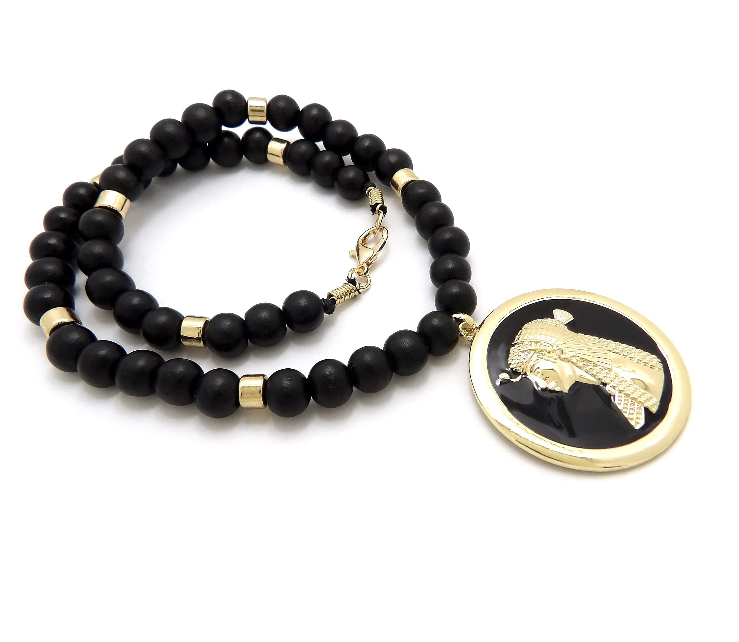 Egyptian Cleopatra Falcon Pendant Necklace - 6mm Gold Wooden Beads for Women